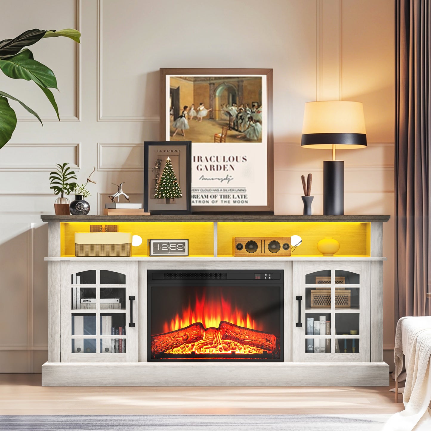 SYNGAR Fireplace Electric TV Stand for 65" TV with LED Light, Modern Entertainment Center With Remote Control Virtual Flame Fireplace, 2 Cabinet Storage, Glass Door, Storage Shelves,Black