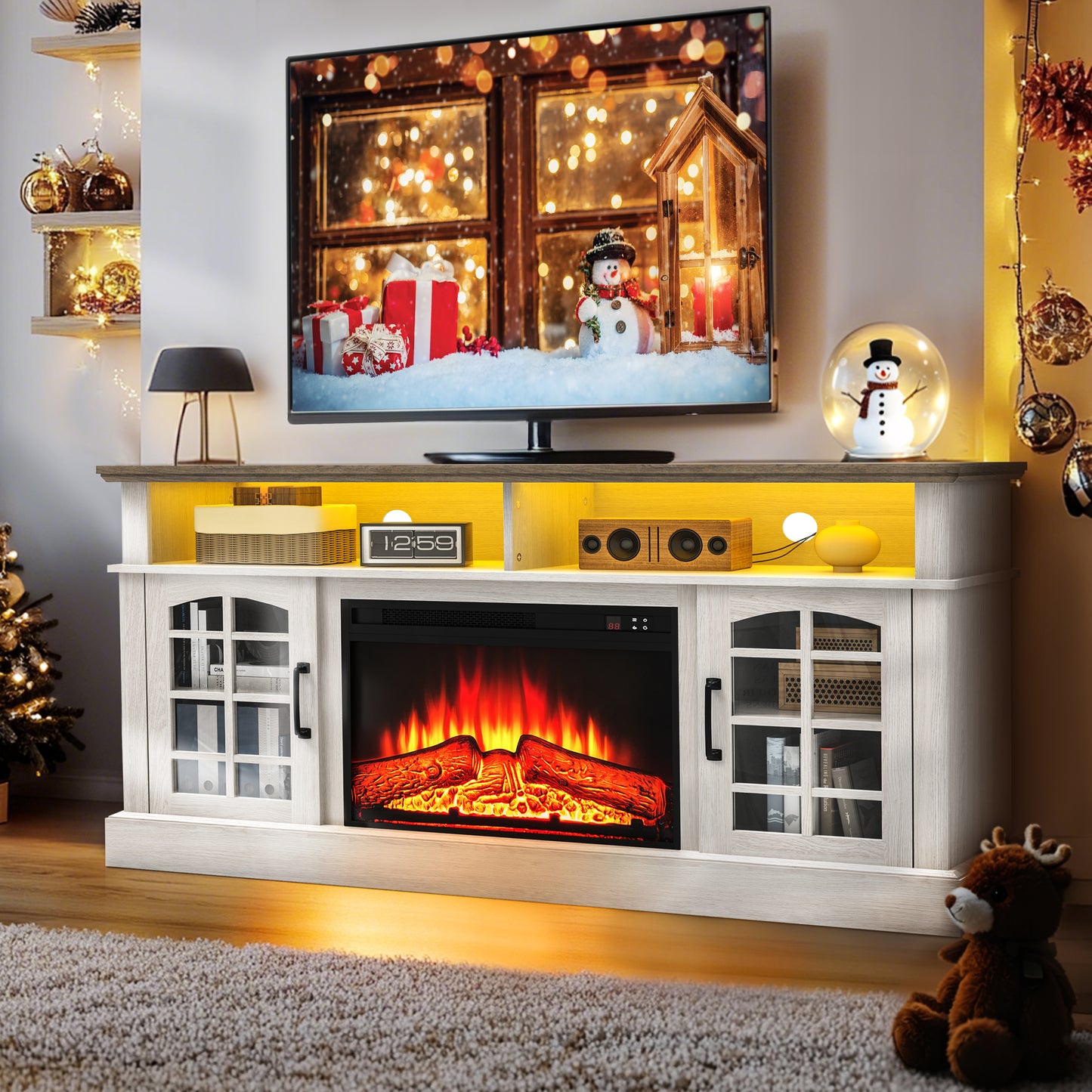 SYNGAR Fireplace Electric TV Stand for 65" TV with LED Light, Modern Entertainment Center With Remote Control Virtual Flame Fireplace, 2 Cabinet Storage, Glass Door, Storage Shelves,Black