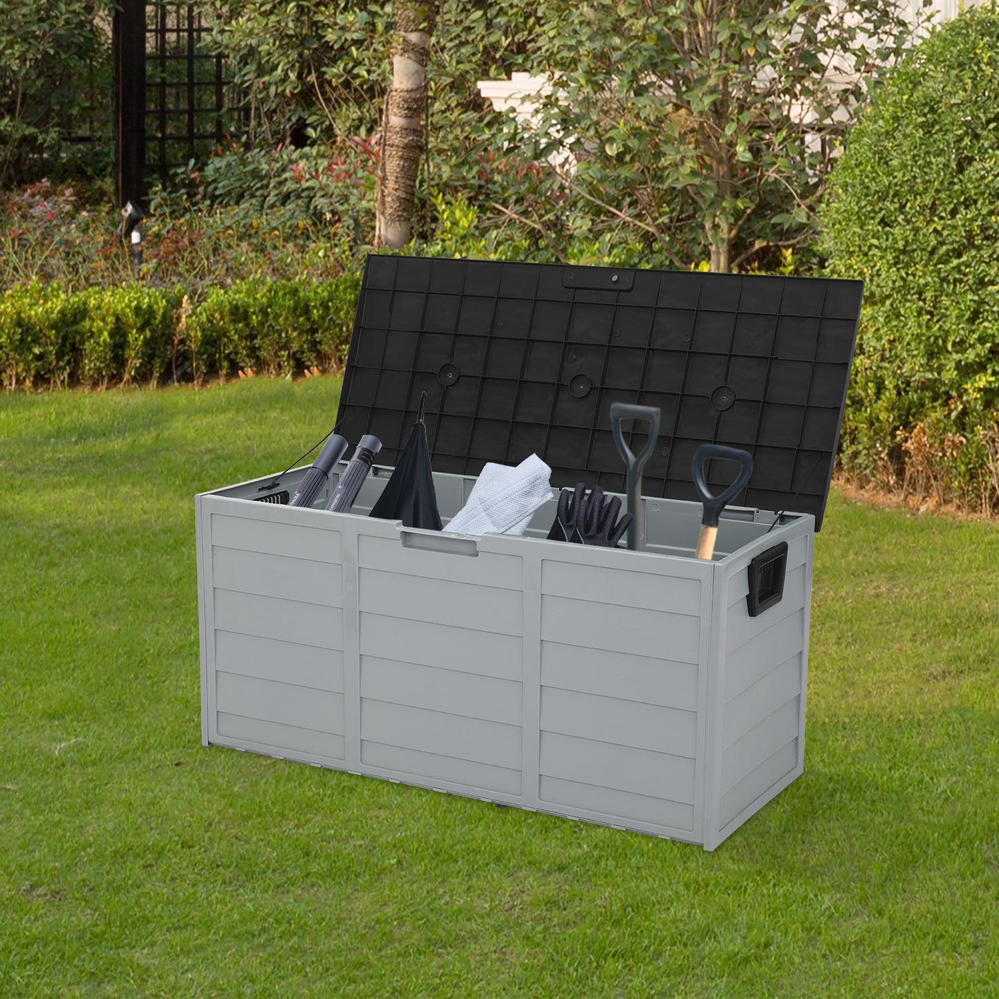 75GAL Deck Box, Outdoor Storage Box w/ Weight Capacity-270 lbs, Waterproof Storage Container with Lid for Outside Furniture Cushions, Garden Tools & Kids' Toys, Organization and Storage, Gray&Black