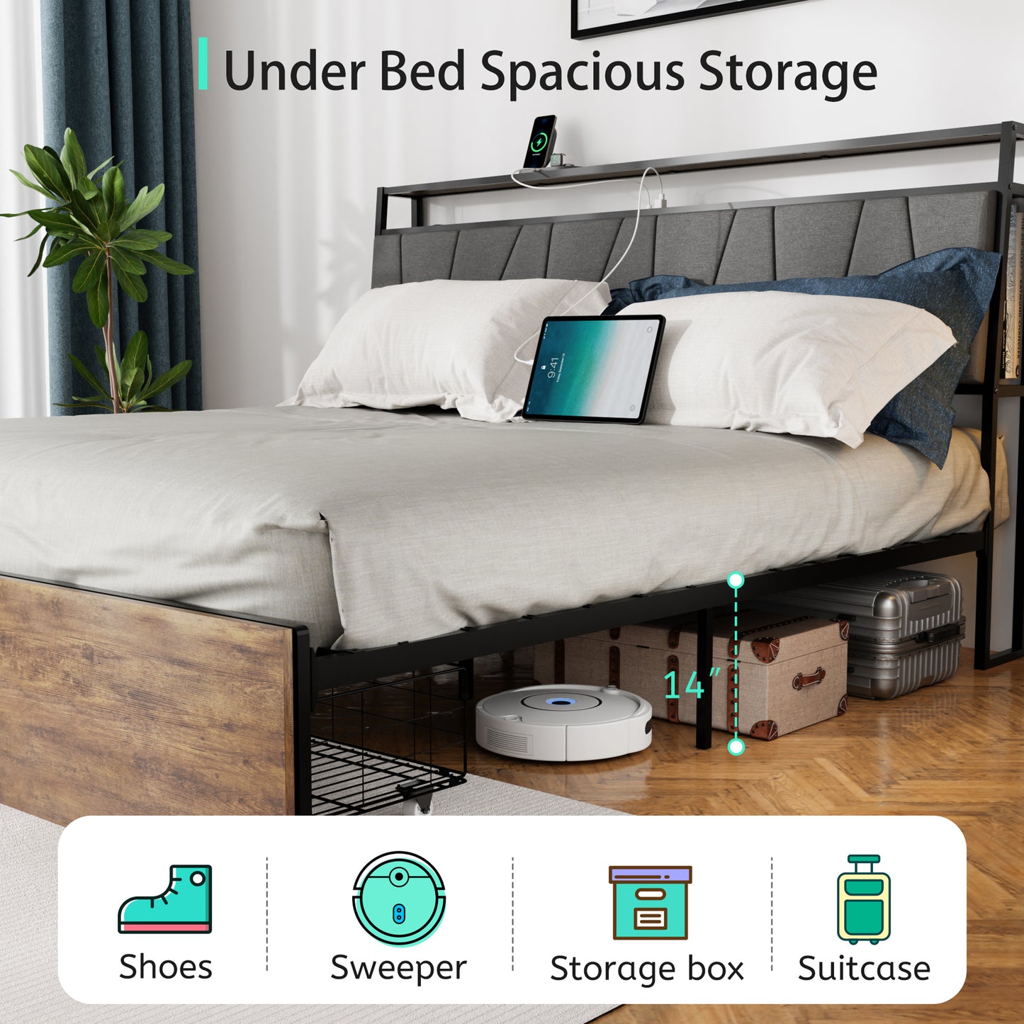 SYNGAR Platform Bed Frame Full Size with Storage Headboard, LED Lights and USB Ports and Outlets, Industrial Metal Full Bed Frame with Slat Support, Noise Free, No Box Spring Needed, Rustic Brown