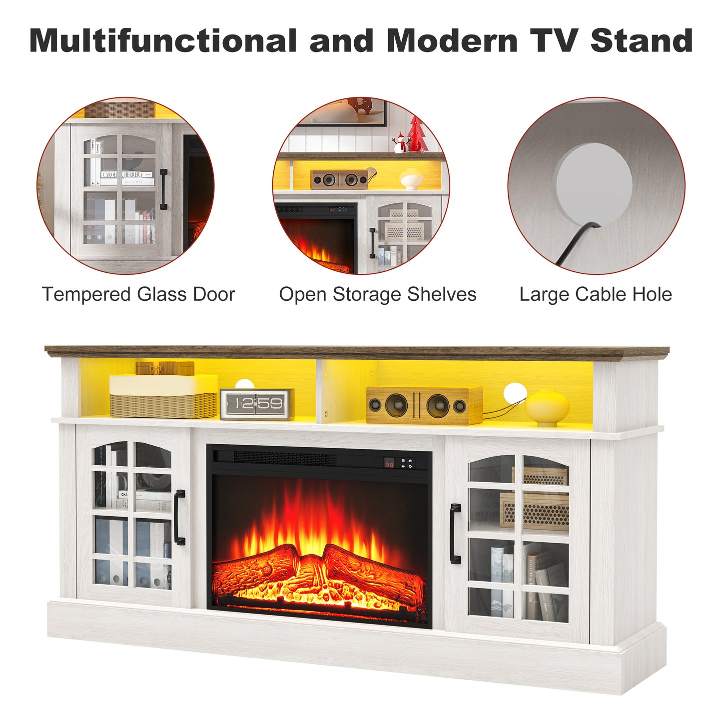 SYNGAR Fireplace Electric TV Stand for 65" TV with LED Light, Modern Entertainment Center With Remote Control Virtual Flame Fireplace, 2 Cabinet Storage, Glass Door, Storage Shelves,Black