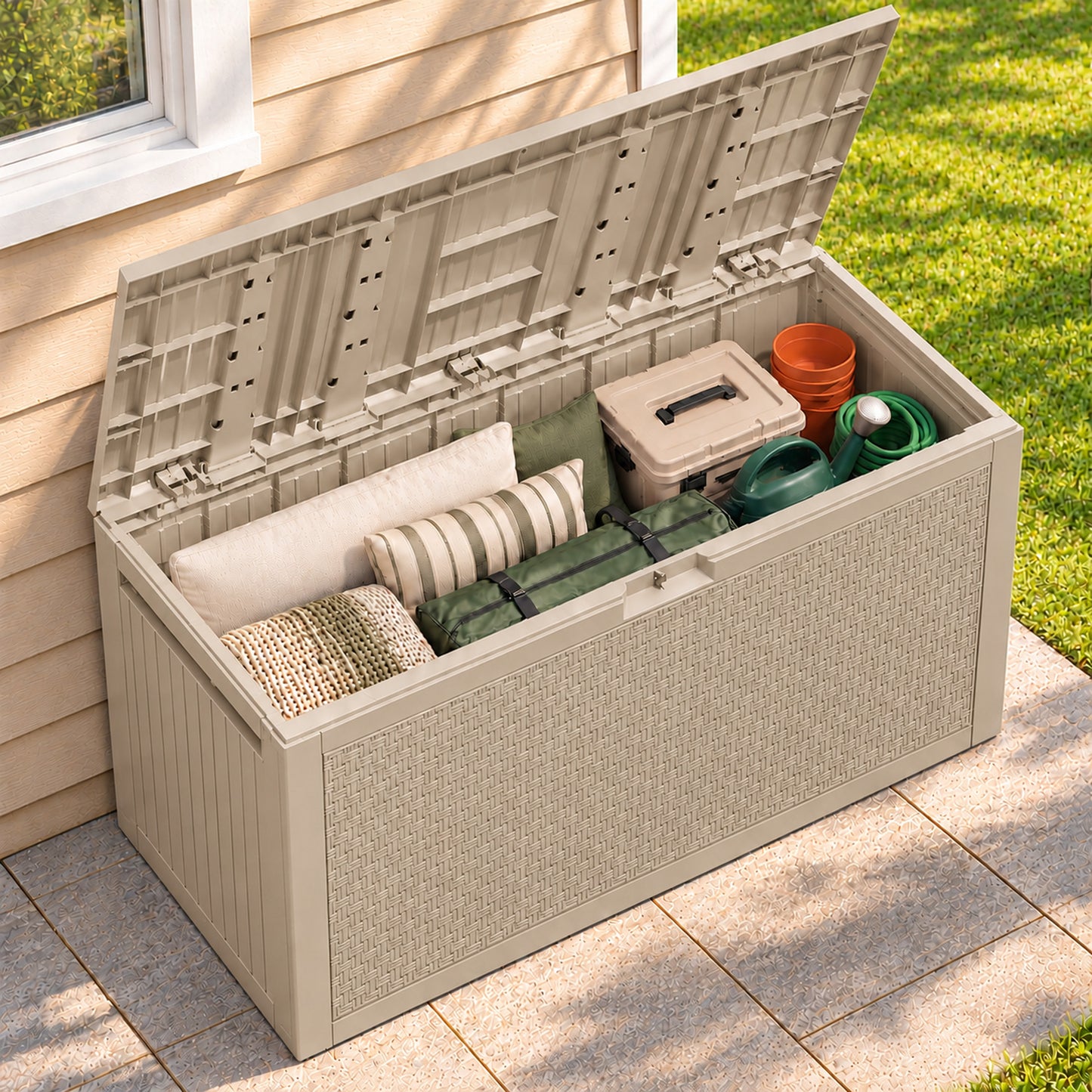 Syngar 90 Gallon Resin Deck Box, Outdoor Storage Box with Wood Grain & Maze Pattern, Waterproof Lockable Patio Storage Bench with Dual Handles for Cushions, Garden Tools & Pool Supplies, Khaki