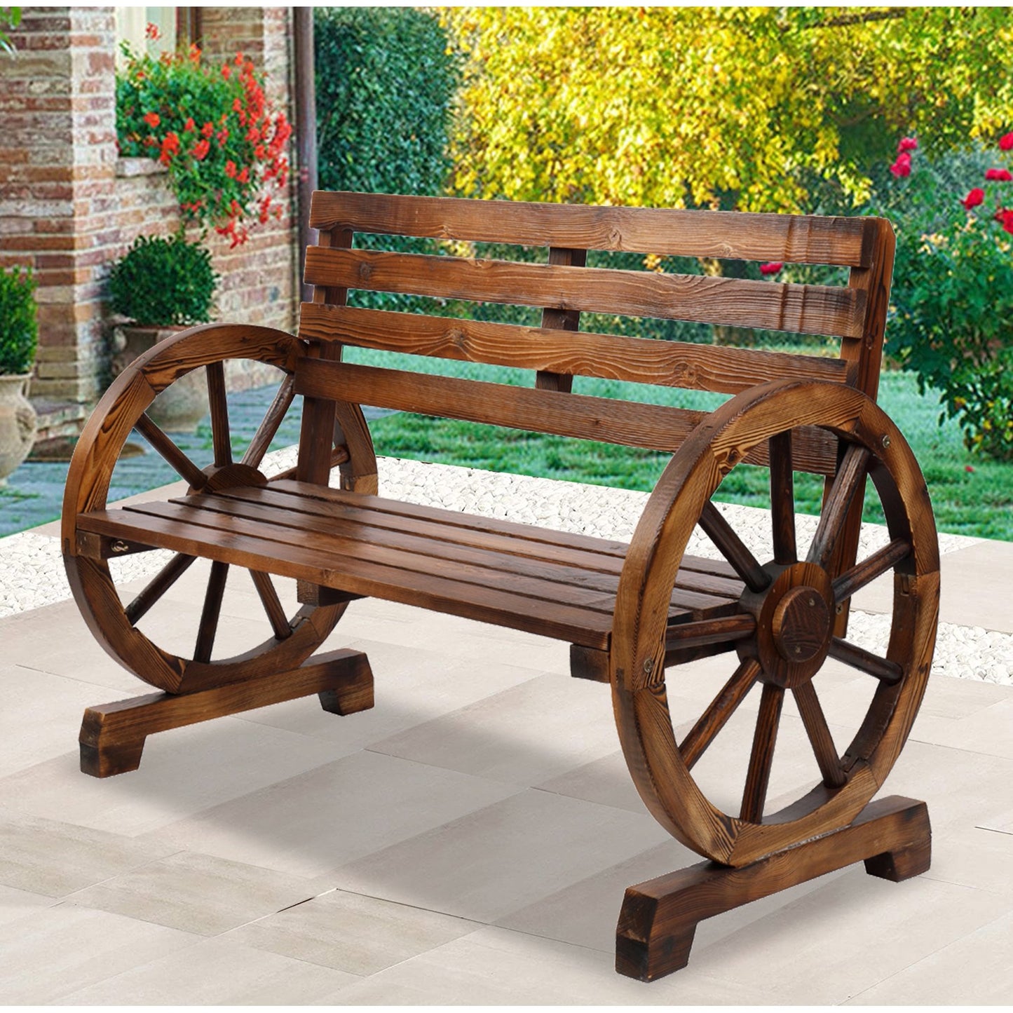 SYNGAR Wooden Bench with Wagon Wheel Arm and Backrest for Outdoor Garden Patio Deck and Yard