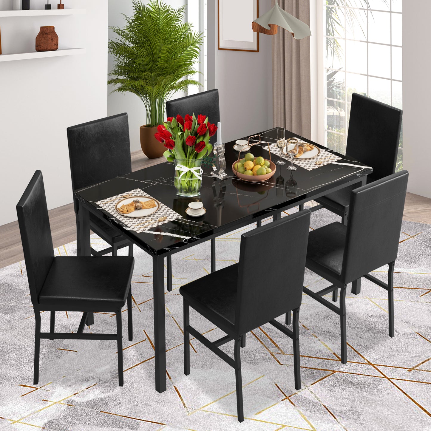 Modern Dining Table Set for 6, SYNGAR Faux Marble Table and PU Leather Upholstered Chairs Set, 7 Piece Kitchen Dining Set, Dining Table and Chairs Set for Small Space, Breakfast Nook, D9208