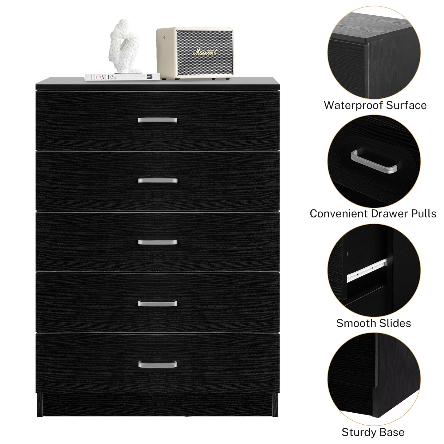 SYNGAR Black 5 Drawer Dresser, Chest of Drawers for Bedroom, Modern Storage Cabinet Dresser Organizer Unit with Handle for Living Room, Closet, Hallway, Nursery