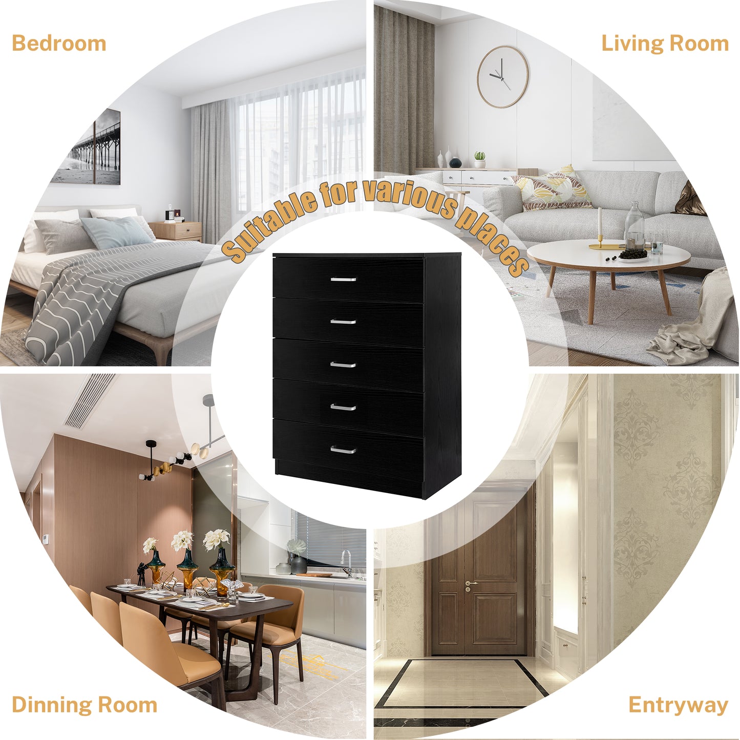 SYNGAR Black 5 Drawer Dresser, Chest of Drawers for Bedroom, Modern Storage Cabinet Dresser Organizer Unit with Handle for Living Room, Closet, Hallway, Nursery