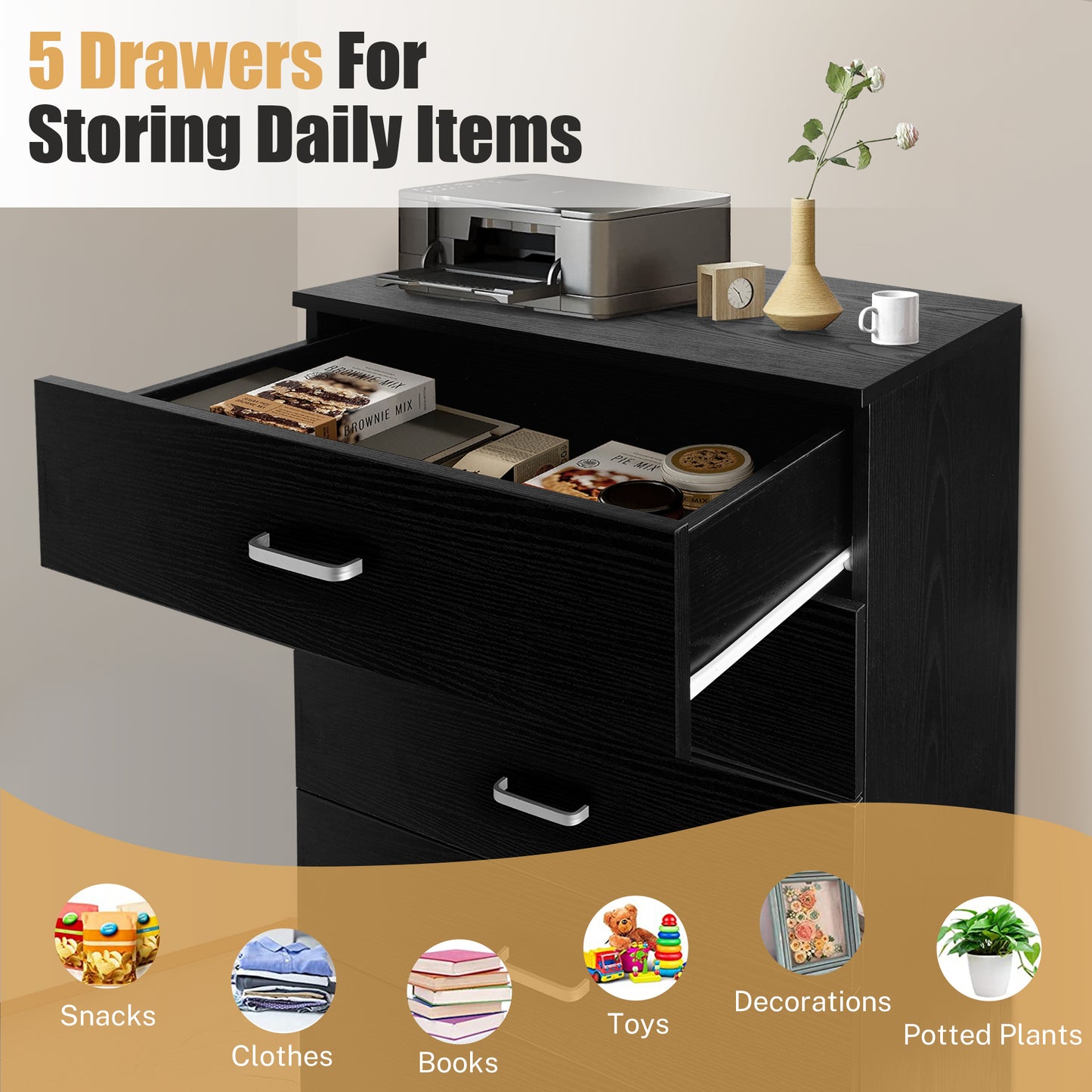 SYNGAR Black 5 Drawer Dresser, Chest of Drawers for Bedroom, Modern Storage Cabinet Dresser Organizer Unit with Handle for Living Room, Closet, Hallway, Nursery
