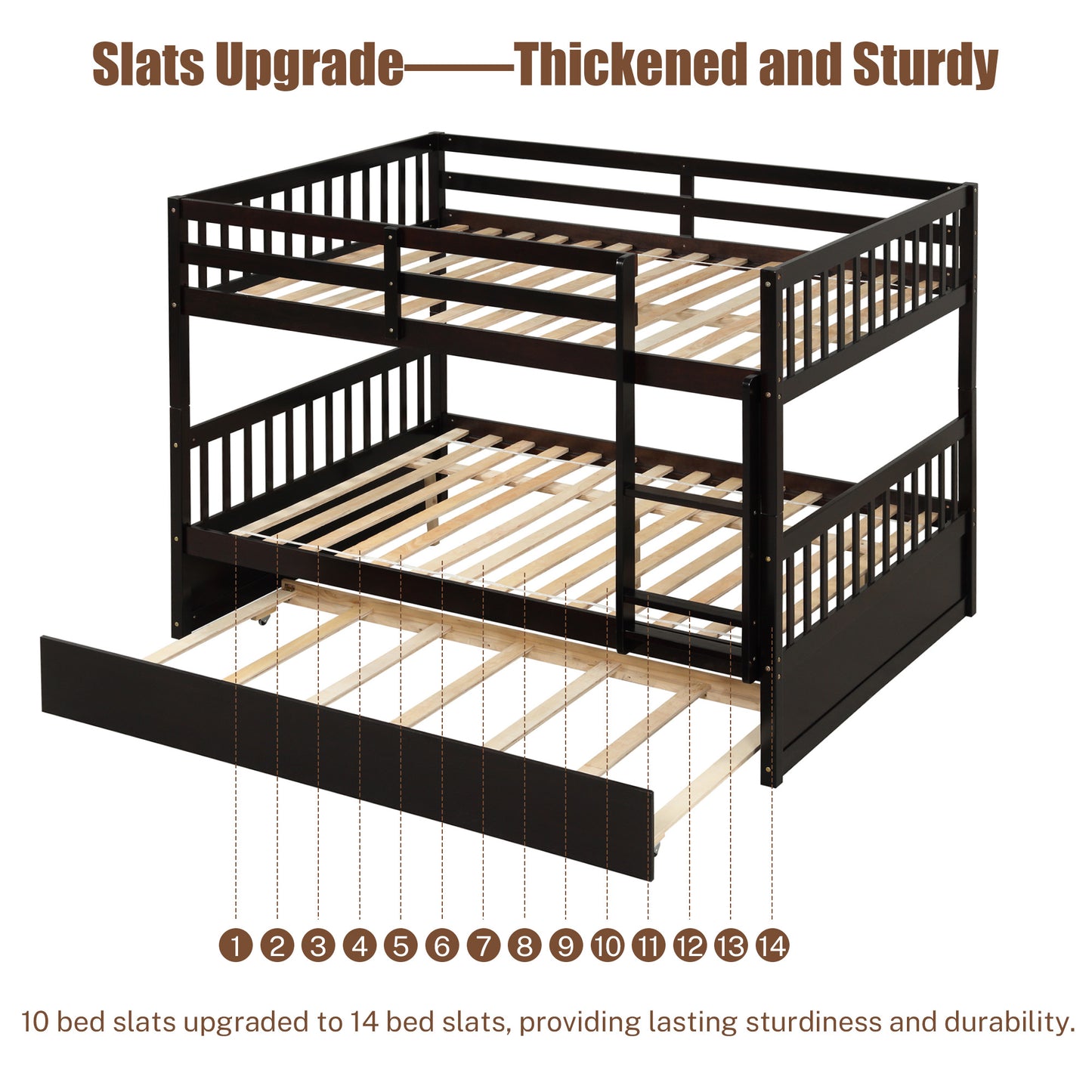SYNGAR Full Over Full Bunk Bed with Trundle, Bunk Beds Convertible to 2 Platform Full Size Bed Frame with Guardrails and Ladder, Suitable for Kids, Teens, Adults, No Box Spring Needed, Espresso