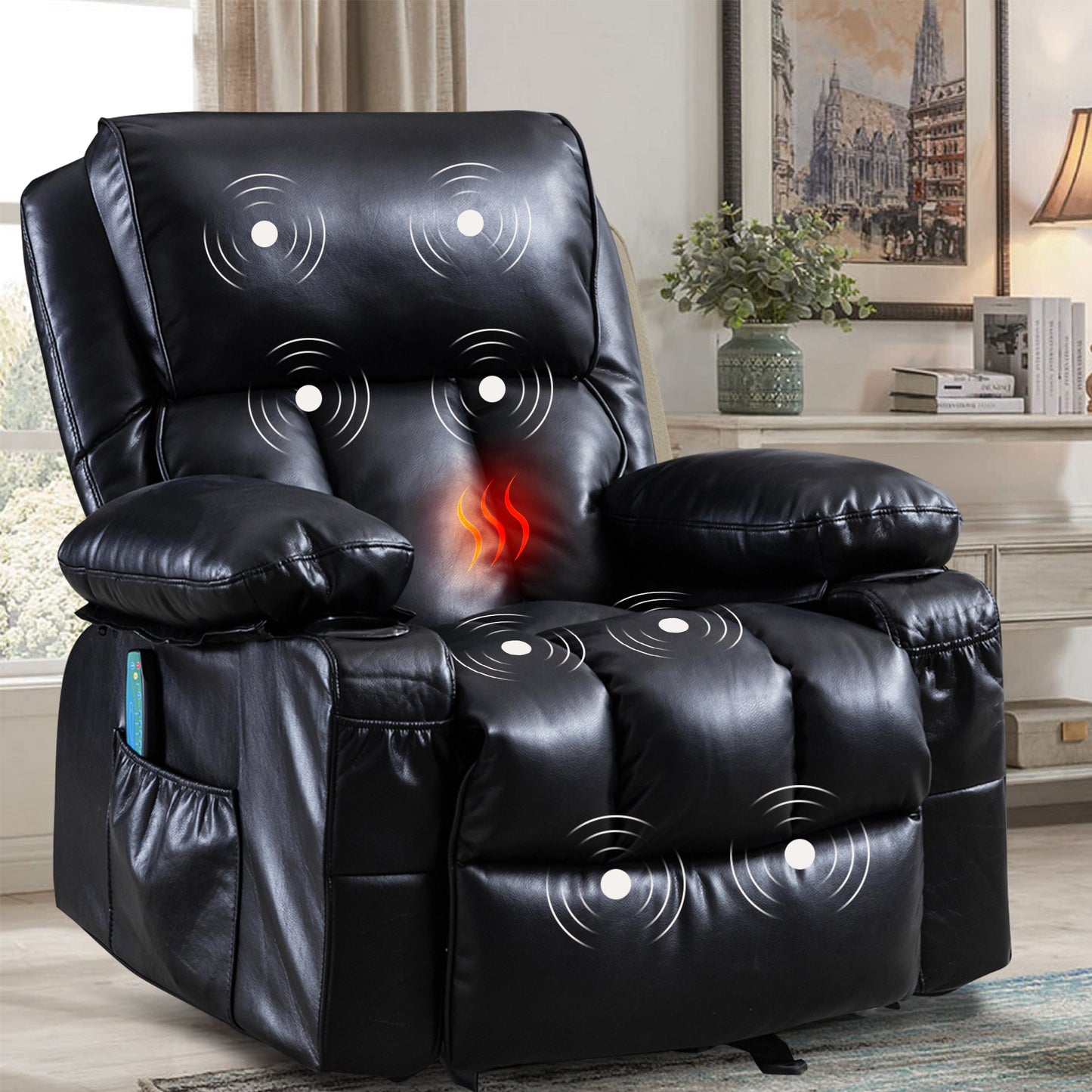 SYNGAR Manual Recliner Chair with Heat and Vibration Massage, Faux Leather Elderly Single Reclining Rocker Sofa with USB Charge Port, Cup Holders and Side Pocket for Bedroom Home Theater, Black