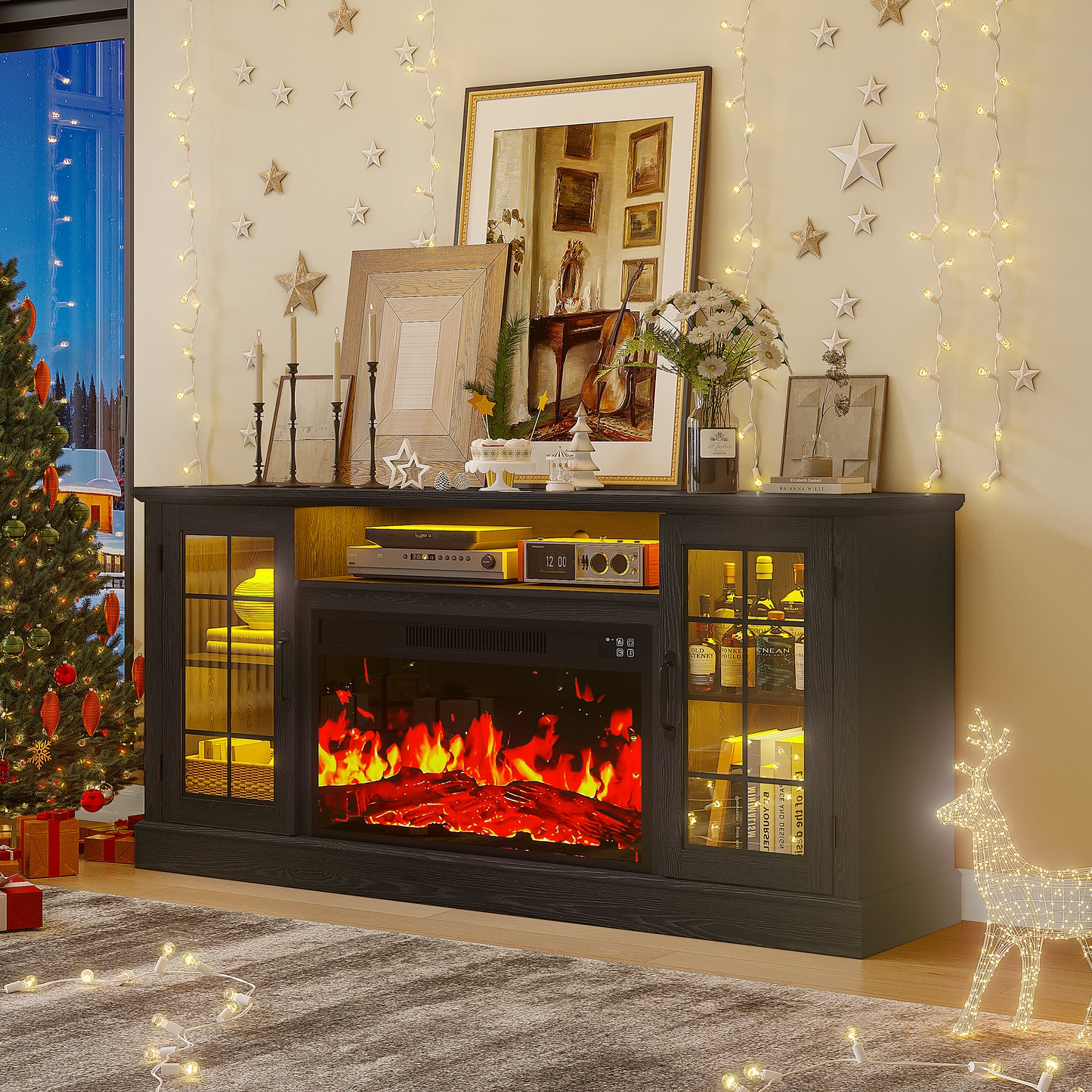 SYNGAR 63" Fireplace TV Stand for TVs up to 70" with 32" Electric Fireplace, Entertainment Center with LED, Modern Television Table Center With Remote Control for Living Room, Black