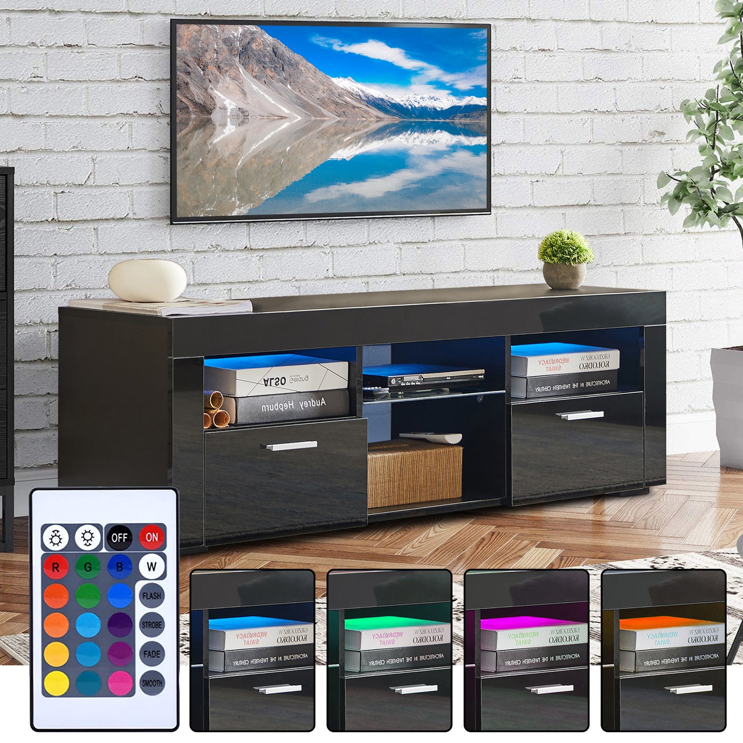 SYNGAR Black TV Stand for 55 inch TV, Modern High Glossy TV Console Table Stand with 16 Colors LED Lights, Living Room TV Table Stand Buffet Cabinet with Storage, 51"L×14" W×16"H