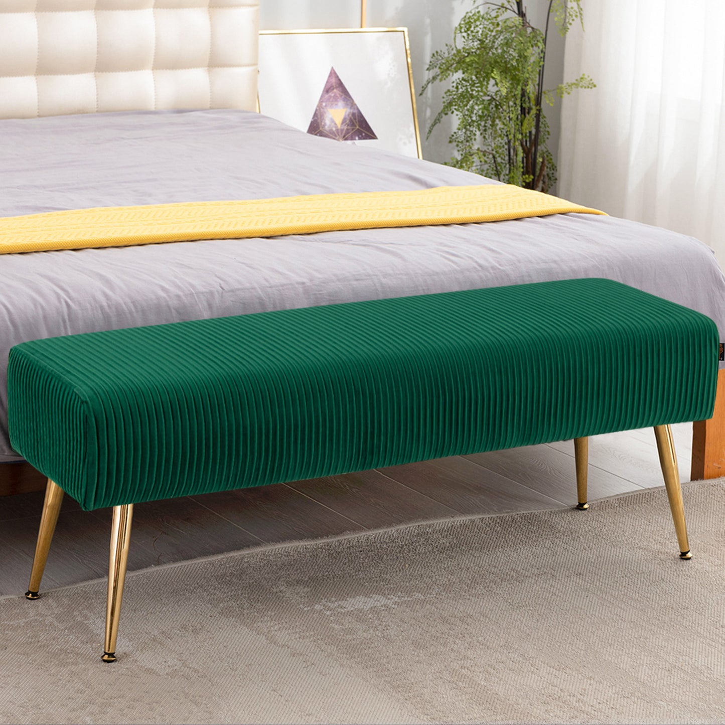 SYNGAR Upholstered Bench, Mid Century Modern Rectangular Footrest for Bedroom Entryway Channel, Velvet Fabric Bench for Bedroom End of Bed, Entryway Ottoman Bench with Gold Metal Legs, Black