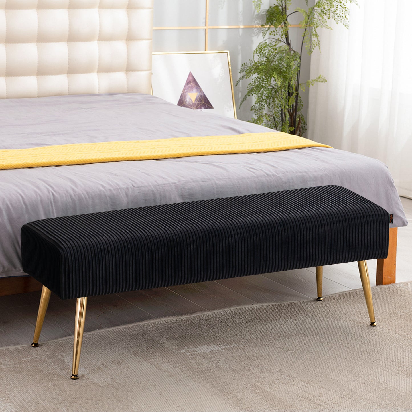 SYNGAR Upholstered Bench, Mid Century Modern Rectangular Footrest for Bedroom Entryway Channel, Velvet Fabric Bench for Bedroom End of Bed, Entryway Ottoman Bench with Gold Metal Legs, Black
