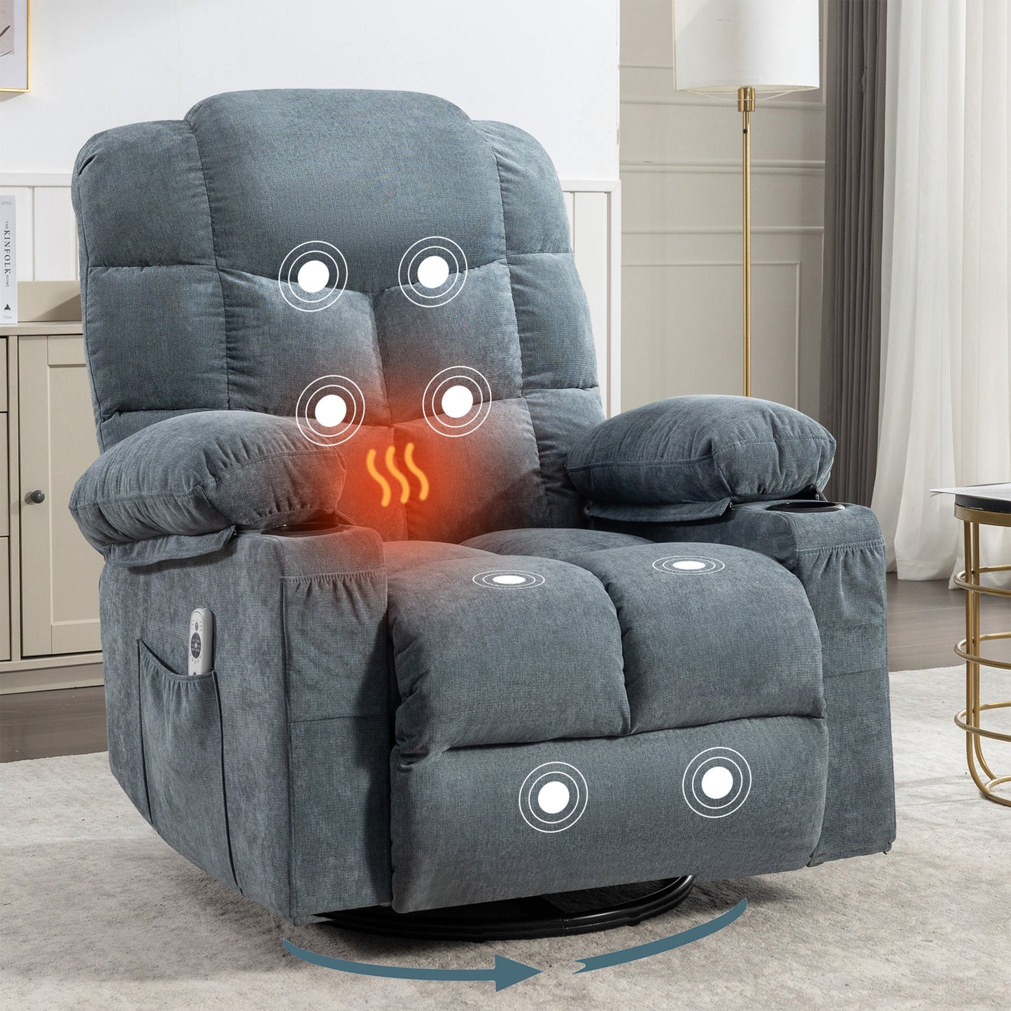 SYNGAR Swivel Recliner Chair for Adults, Living Room Fabric Recliner Chair with Massage and Heat, Single sofa with USB Port, Cup Holder, Side and Front Pocket, Brown