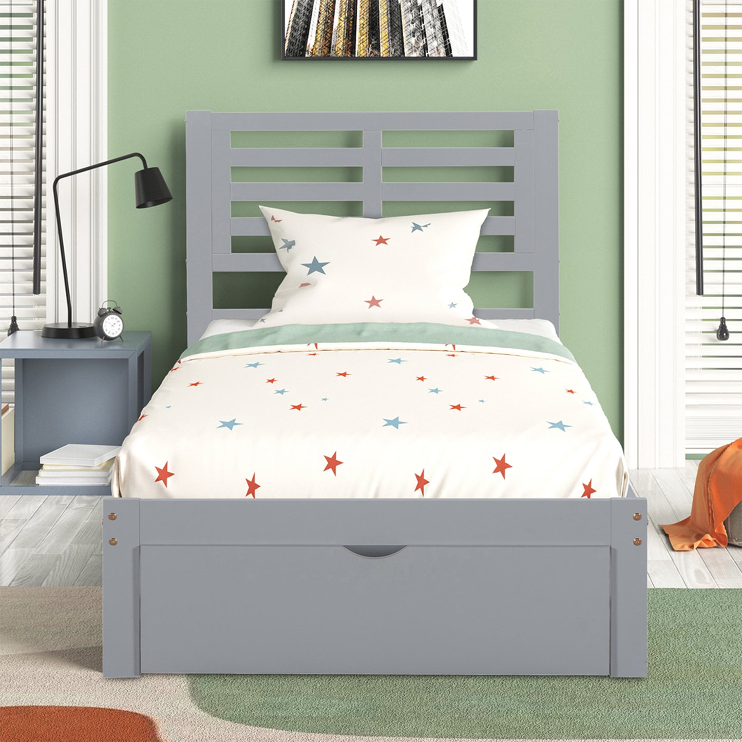 SYNGAR Twin Bed Frames with Headboard, Modern Wood Twin Size Bed Frame with Storage Drawer, Wood Slat Support, No Box Spring Needed, Easy Assembly, 250 lbs Weight Capacity, White