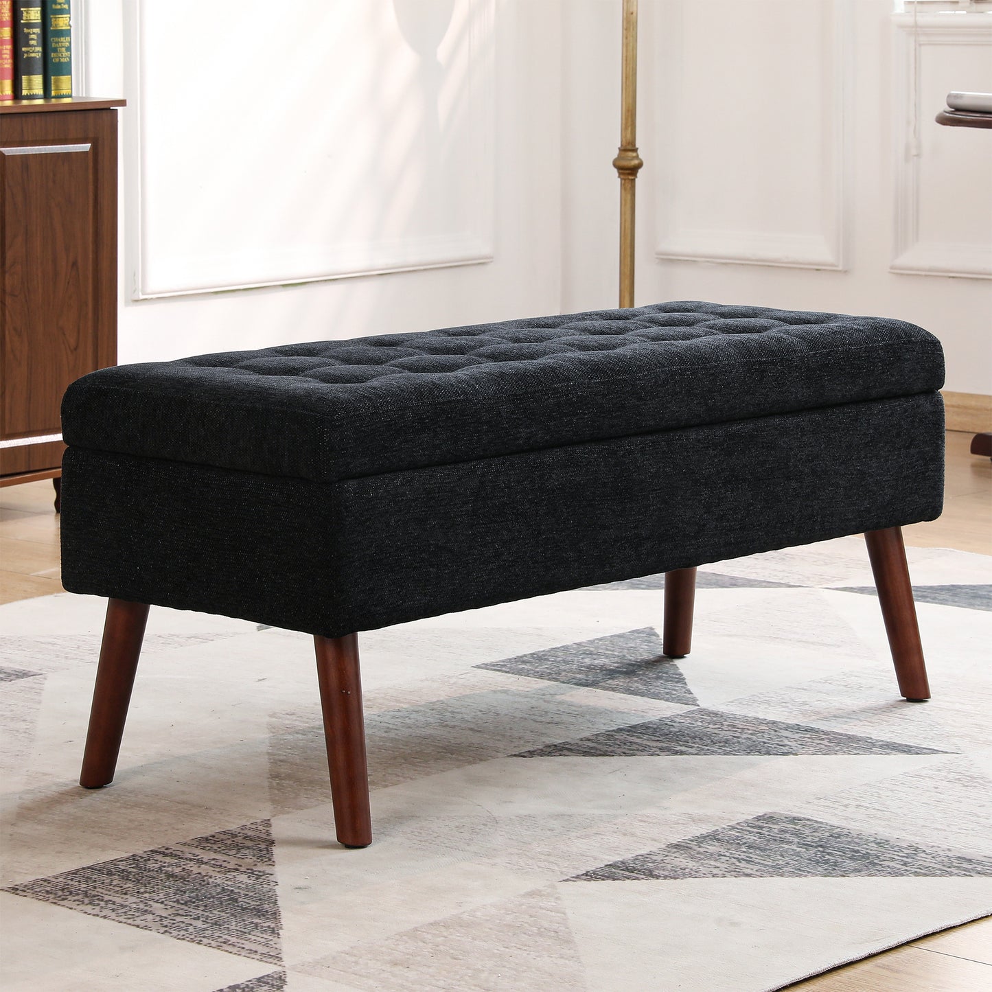 Syngar Modern Storage Bench, Upholstered Storage Ottoman with Wood Leg, PU Leather Entryway Bench with Storage for Living room, Bedroom, and Shop, Capacity of 300lbs, Easy Assemble