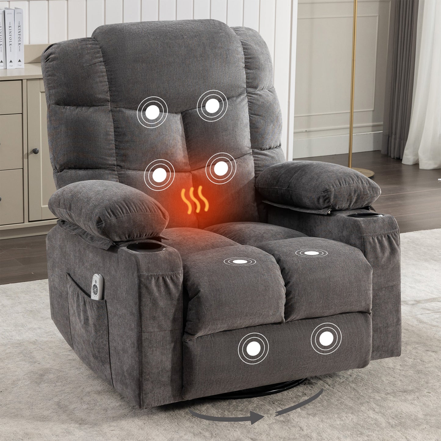 SYNGAR Swivel Recliner Chair for Adults, Living Room Fabric Recliner Chair with Massage and Heat, Single sofa with USB Port, Cup Holder, Side and Front Pocket, Brown