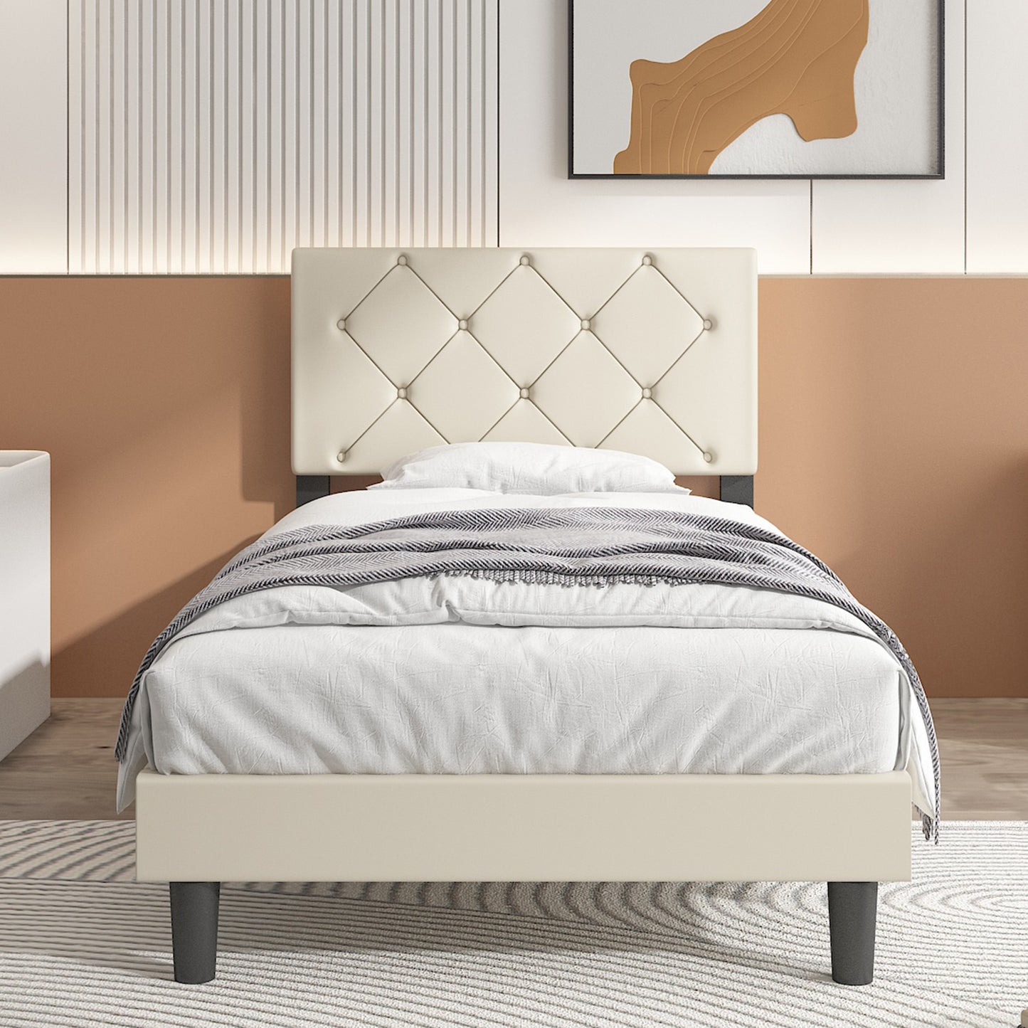 SYNGAR Twin Bed Frame with Adjustable Height Headboard, Modern Leather Upholstered Platform Bed Frame with Wood Slat, Easy Assembly, No Box Spring Needed, Black