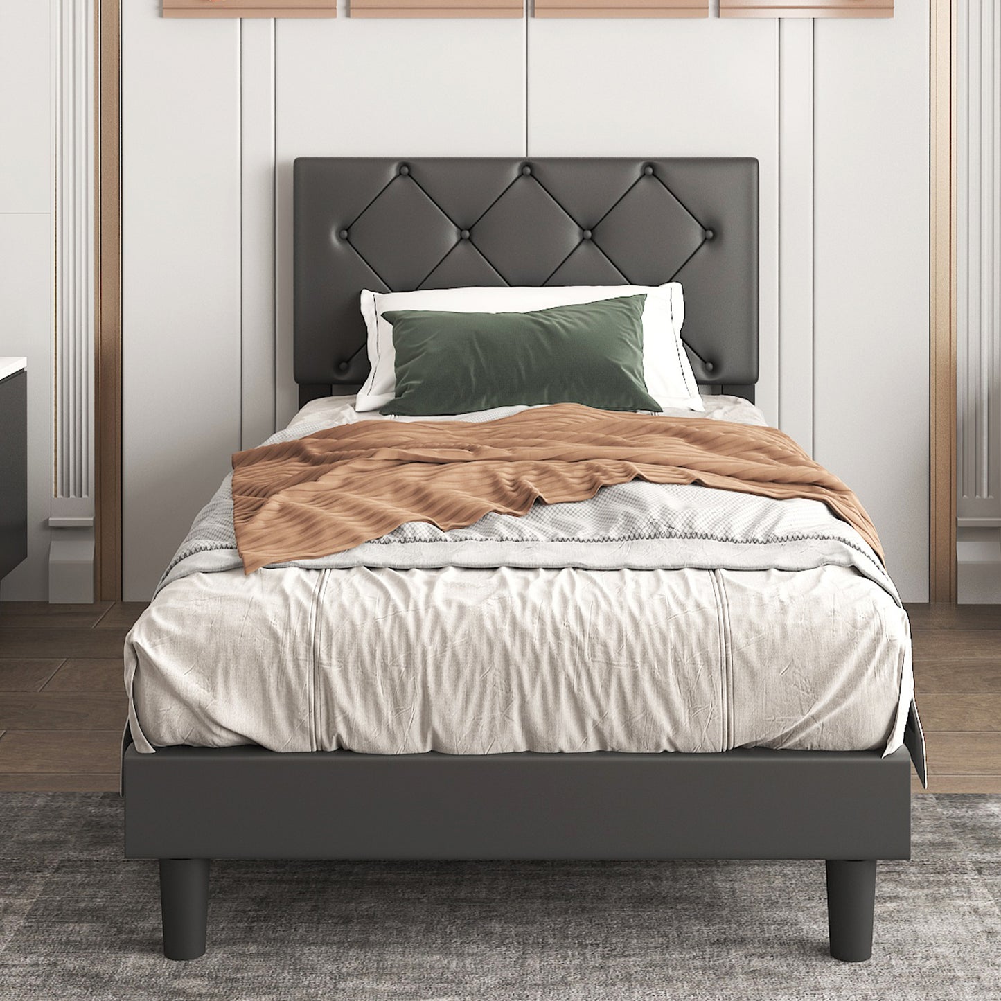 SYNGAR Twin Bed Frame with Adjustable Height Headboard, Modern Leather Upholstered Platform Bed Frame with Wood Slat, Easy Assembly, No Box Spring Needed, Black