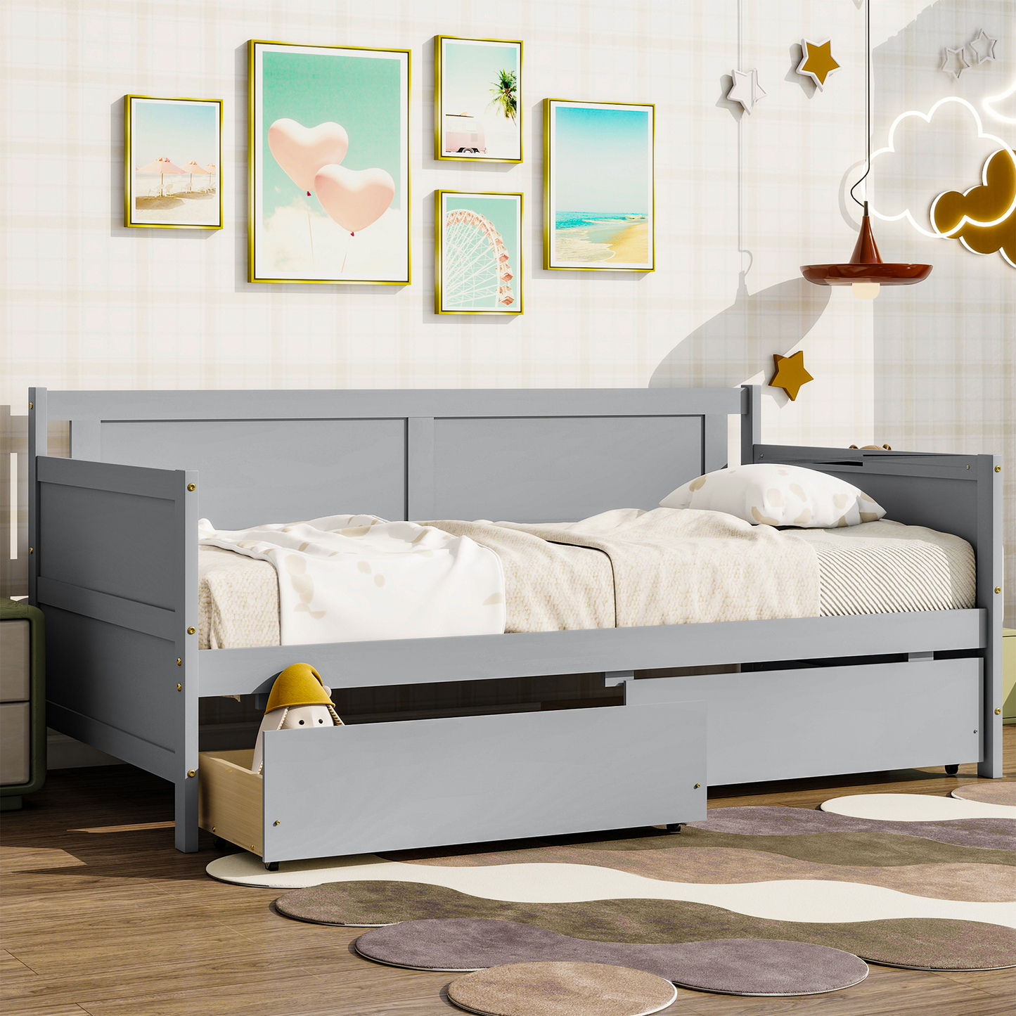 SYNGAR Twin Size Daybed with 2 Drawers, Wood Sofa Bed Frame for Kids and Teens, Living Room Bedroom Furniture, No Box Spring Needed, Wood Slat Support, Easy Assembled, Gray