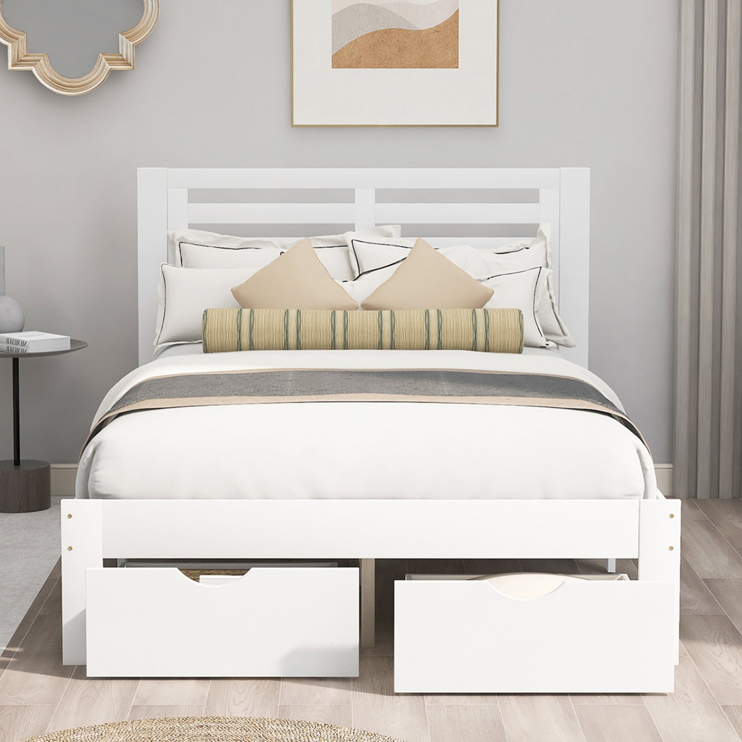 SYNGAR Twin Bed Frames with Headboard, Modern Wood Twin Size Bed Frame with Storage Drawer, Wood Slat Support, No Box Spring Needed, Easy Assembly, 250 lbs Weight Capacity, White