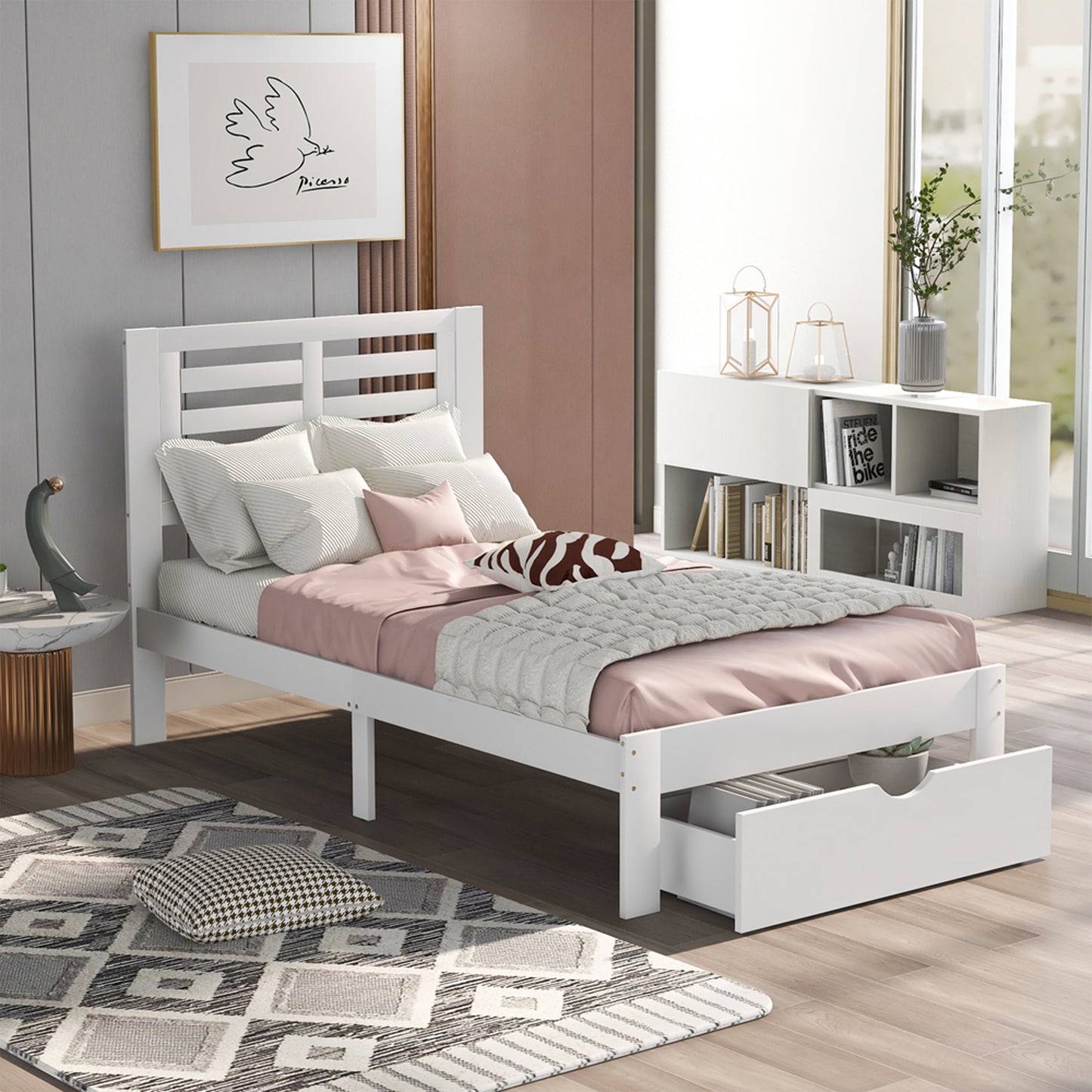 SYNGAR Twin Bed Frames with Headboard, Modern Wood Twin Size Bed Frame with Storage Drawer, Wood Slat Support, No Box Spring Needed, Easy Assembly, 250 lbs Weight Capacity, White