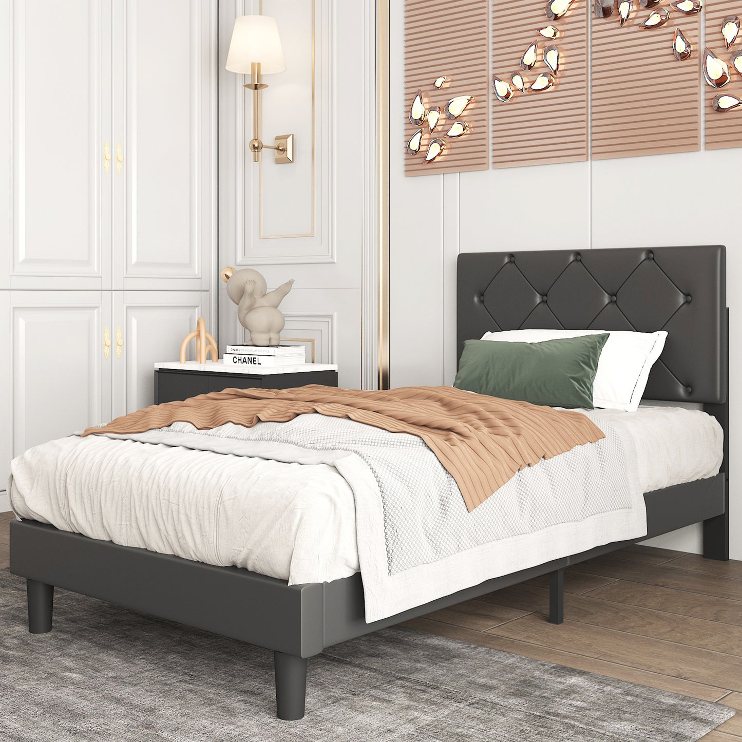 SYNGAR Twin Bed Frame with Adjustable Height Headboard, Modern Leather Upholstered Platform Bed Frame with Wood Slat, Easy Assembly, No Box Spring Needed, Black