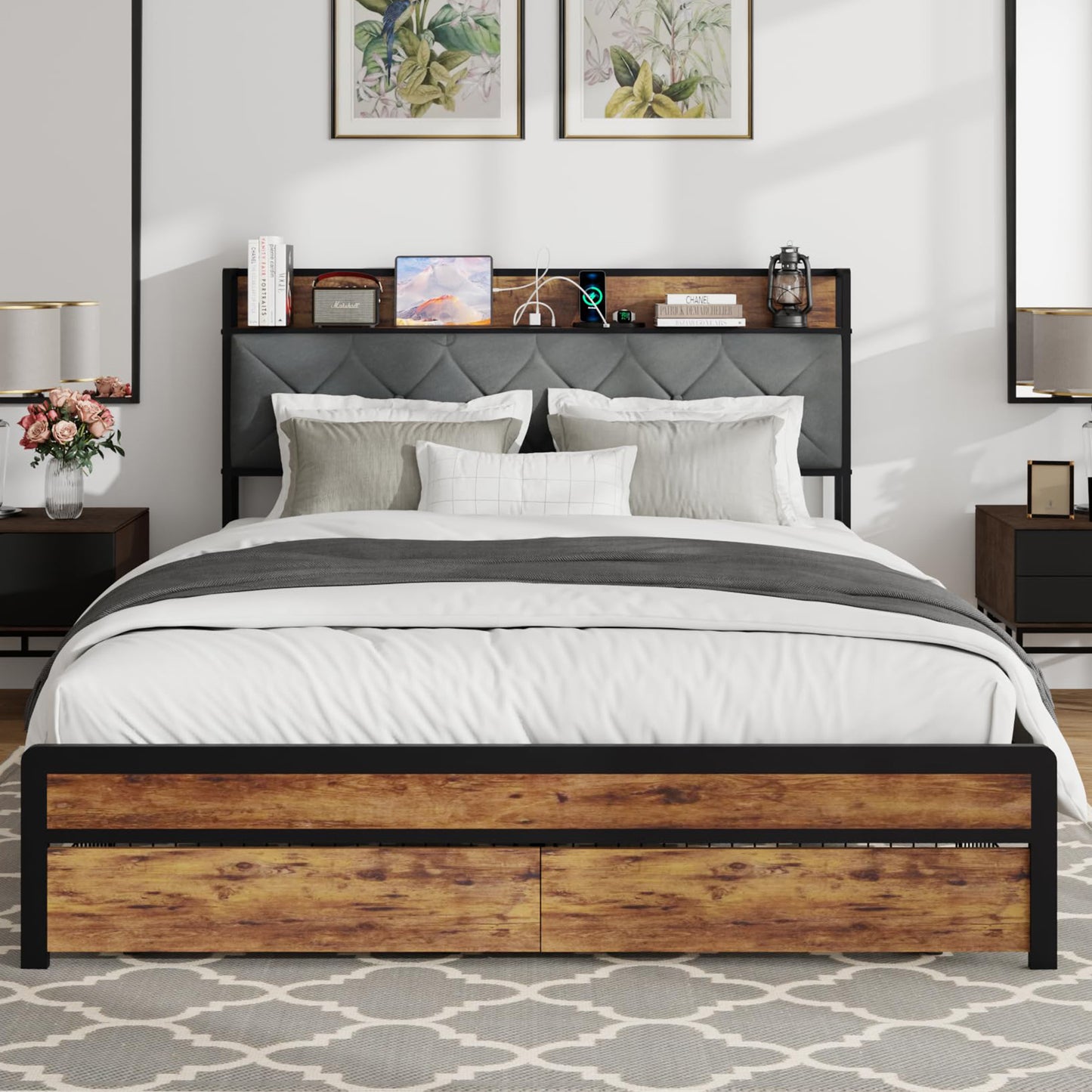 SYNGAR Full Bed Frame with Storage Headboard, Modern Platform Bed Frame with USB Charging Port and Power Outlets, 2 Storage Drawers, Metal Steel Slat, Full Size Bed Frame with LED Light Headboard