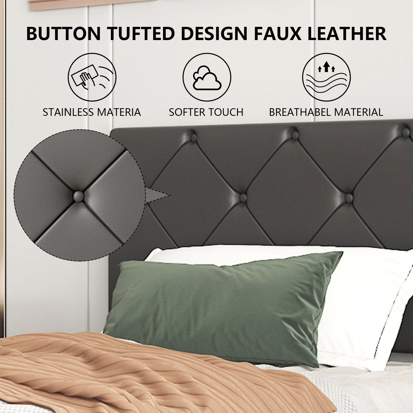 SYNGAR Twin Bed Frame with Adjustable Height Headboard, Modern Leather Upholstered Platform Bed Frame with Wood Slat, Easy Assembly, No Box Spring Needed, Black