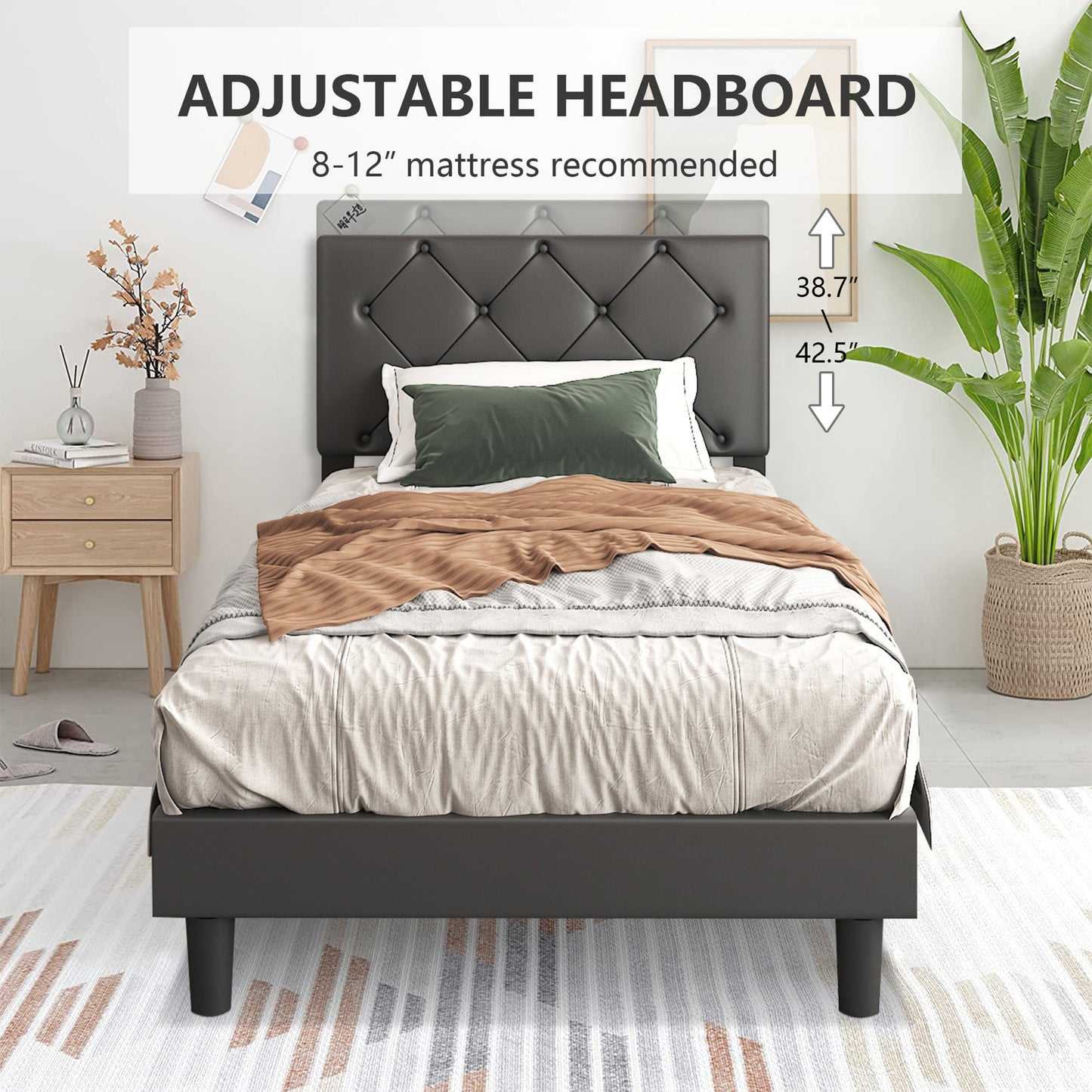SYNGAR Twin Bed Frame with Adjustable Height Headboard, Modern Leather Upholstered Platform Bed Frame with Wood Slat, Easy Assembly, No Box Spring Needed, Black