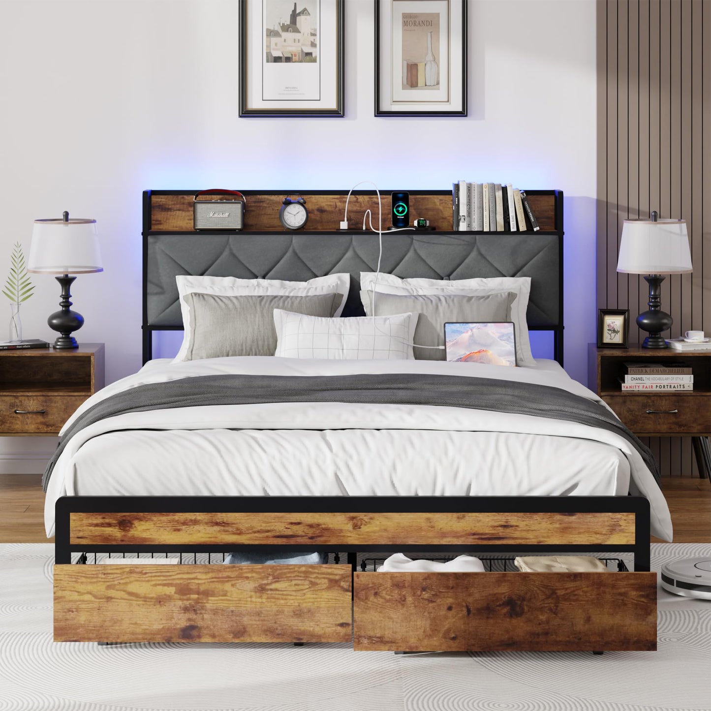 SYNGAR Full Bed Frame with Storage Headboard, Modern Platform Bed Frame with USB Charging Port and Power Outlets, 2 Storage Drawers, Metal Steel Slat, Full Size Bed Frame with LED Light Headboard
