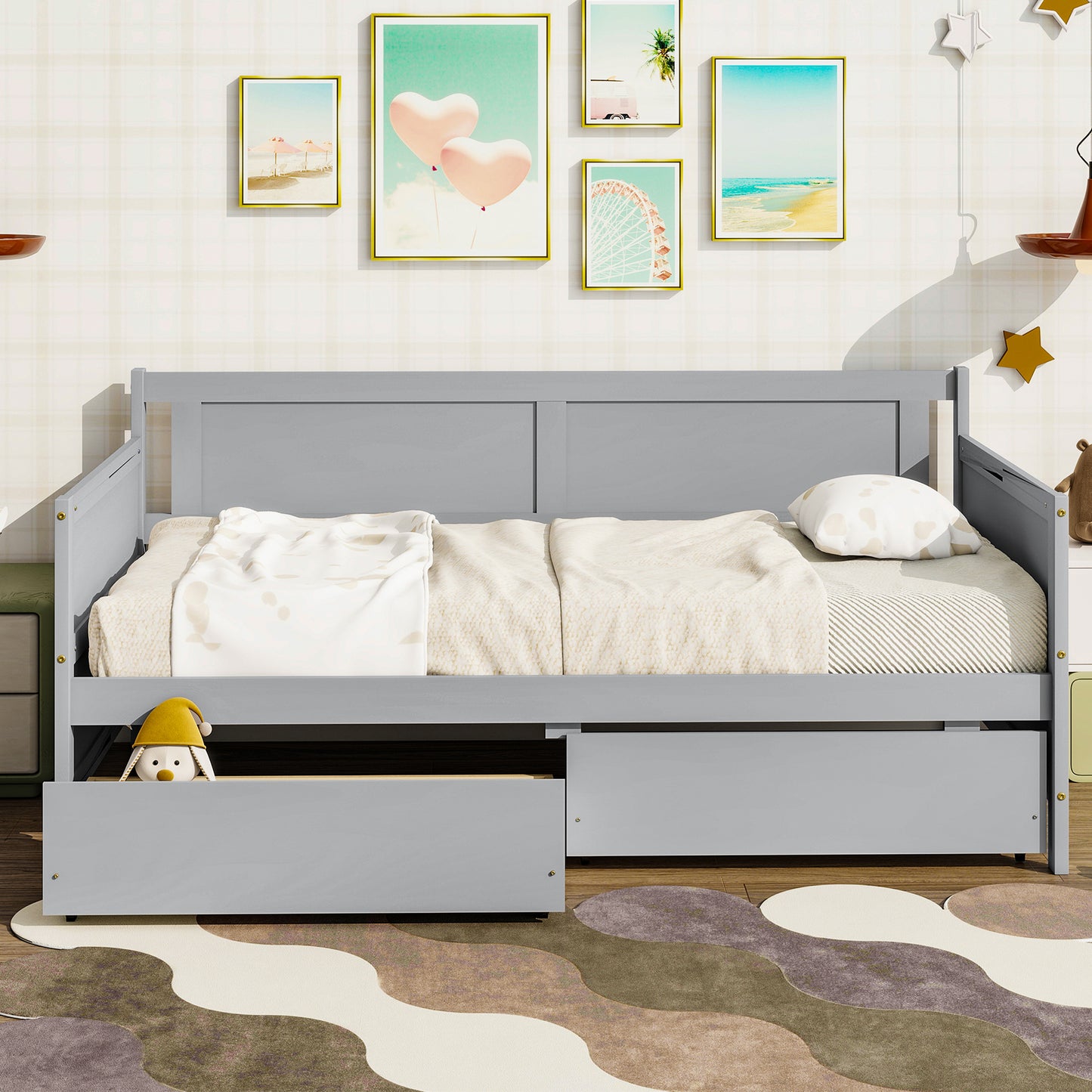 SYNGAR Twin Size Daybed with 2 Drawers, Wood Sofa Bed Frame for Kids and Teens, Living Room Bedroom Furniture, No Box Spring Needed, Wood Slat Support, Easy Assembled, Gray