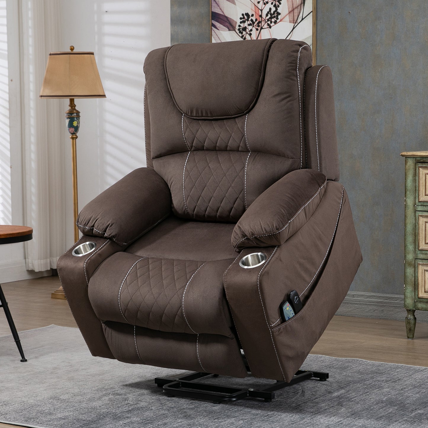 HSUNNS Power Lift Recliner Chair for Elderly, Dual Silent Lift Motor Velvet Single Sofa with Massage and Heat, Side Pockets, 180 Lay Flat Oversized Recliner Chair for Living Room, Brown