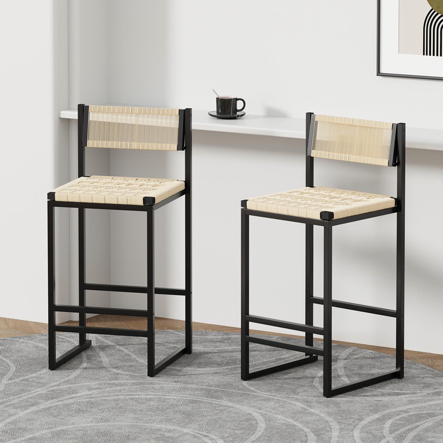 SYNGAR Modern Bar Stools Set of 2, Woven Bar Chair with Metal Legs, Counter Height Bar Stools, Bar Chairs for Kitchen Bars Restaurants, Contemporary Tufted Barstools Set, Creamy White