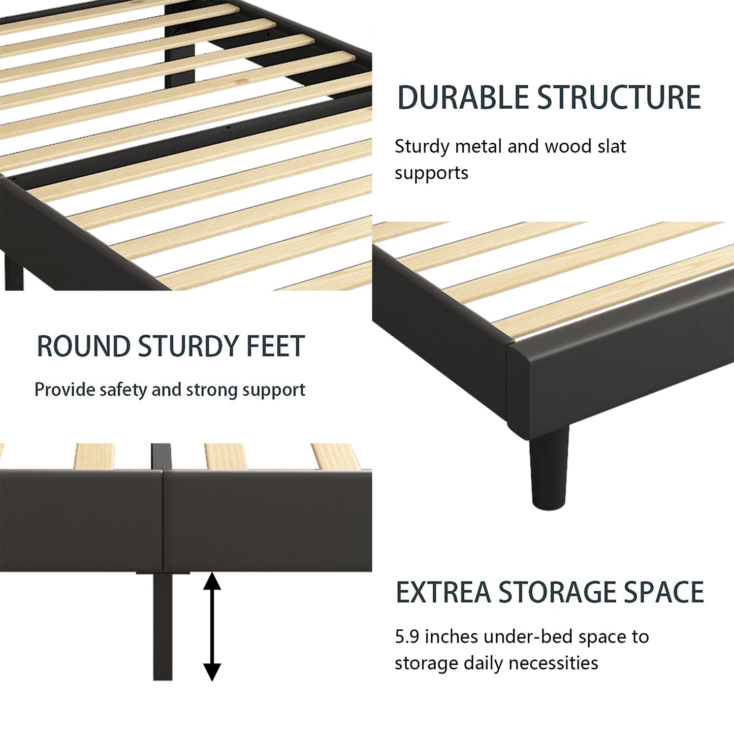 SYNGAR Twin Bed Frame with Adjustable Height Headboard, Modern Leather Upholstered Platform Bed Frame with Wood Slat, Easy Assembly, No Box Spring Needed, Black