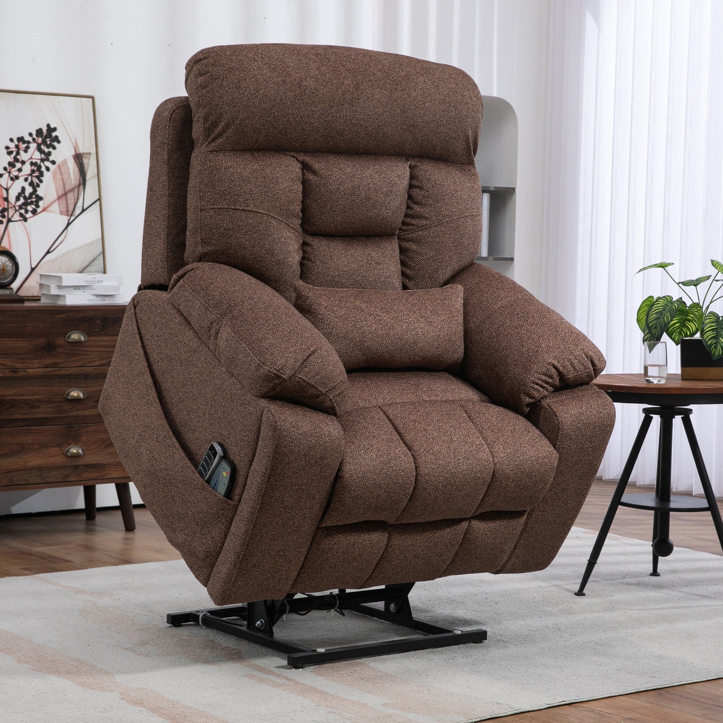 SYNGAR Electric Lift Recliner Chair with Heat and Massage, Oversized Recliner with Hidden Cup Holder for Living Room, Single Recliner Sofa with 26" Width Seat, Easy Assembly, Light Brown