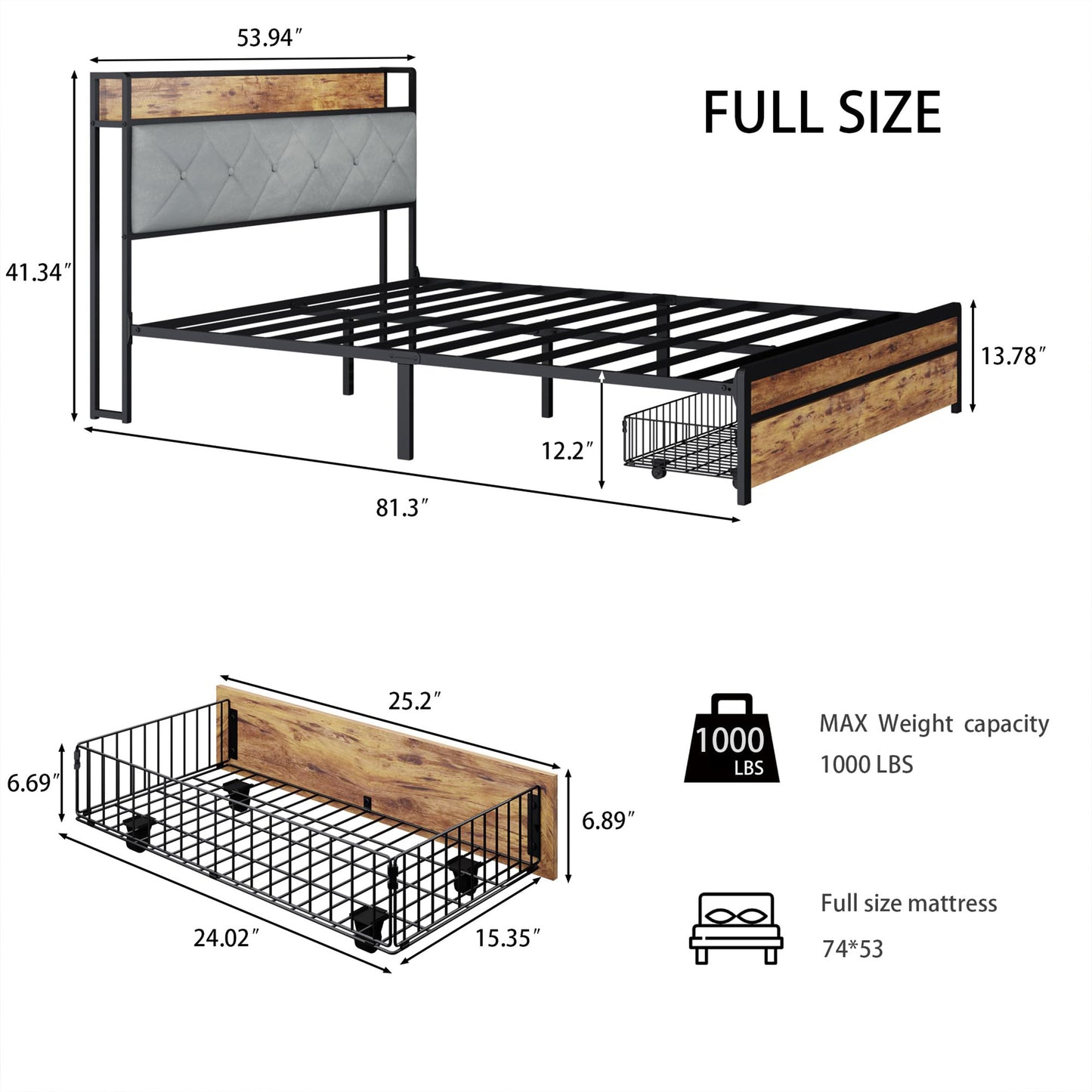 SYNGAR Full Bed Frame with Storage Headboard, Modern Platform Bed Frame with USB Charging Port and Power Outlets, 2 Storage Drawers, Metal Steel Slat, Full Size Bed Frame with LED Light Headboard