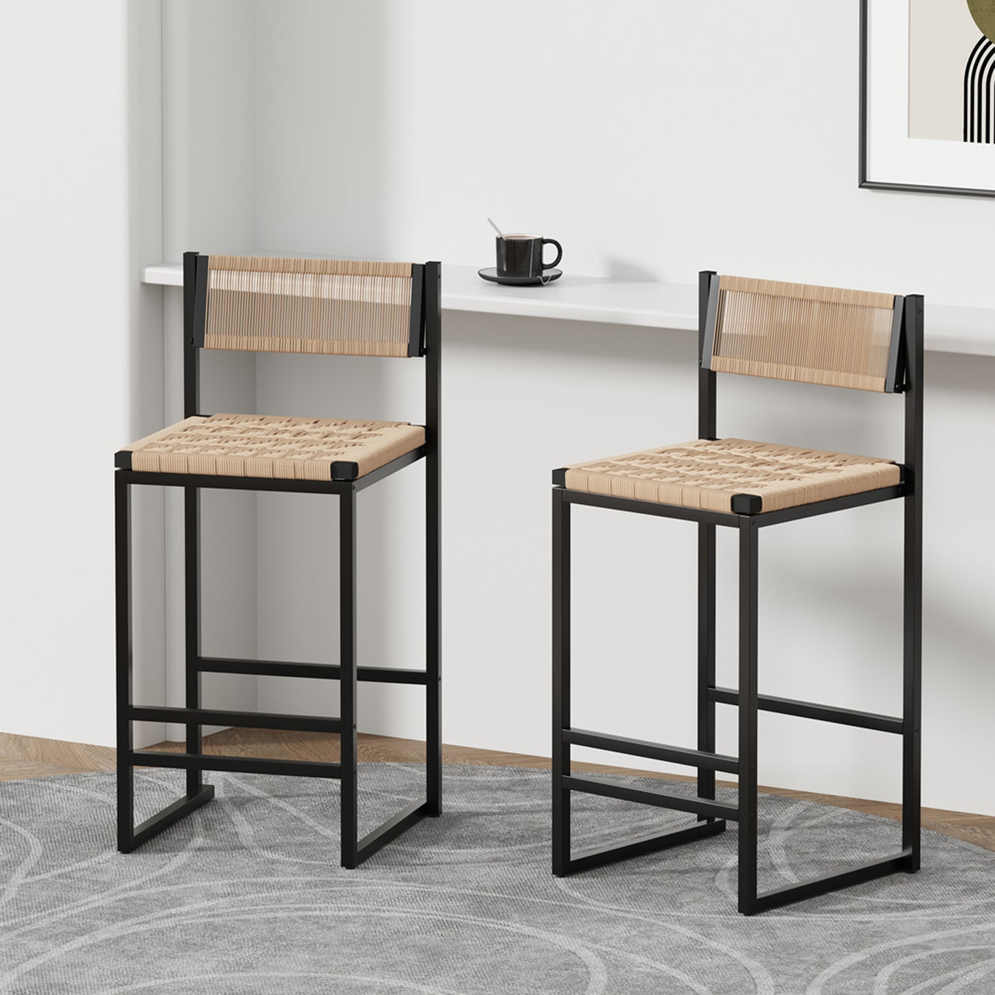 SYNGAR Modern Bar Stools Set of 2, Woven Bar Chair with Metal Legs, Counter Height Bar Stools, Bar Chairs for Kitchen Bars Restaurants, Contemporary Tufted Barstools Set, Creamy White