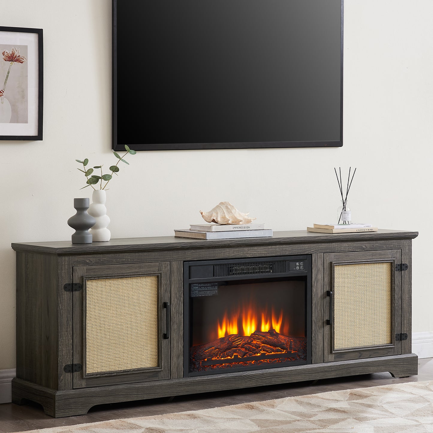SYNGAR Electric Fireplace TV Stand for 70" TV, Farmhouse TV Stand Entertainment Center with Rattan Doors for Living Room, Wood TV Console with Adjustable Shelves, Remote Control, Gray