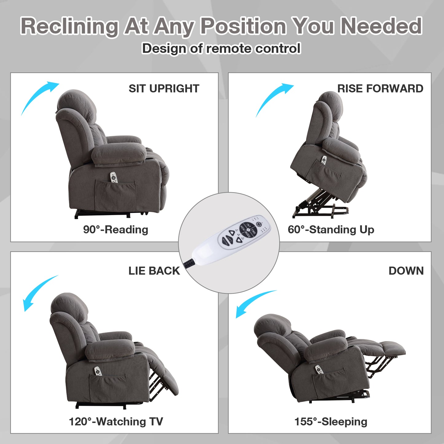 SYNGAR Power Lift Recliner Chair for Living Room, Electric Recliner Chair with Heat and Massage Function, USB Charge Port and Cup Holders, Oversized Velvet Reclining Sofa for Home Theater, Gray
