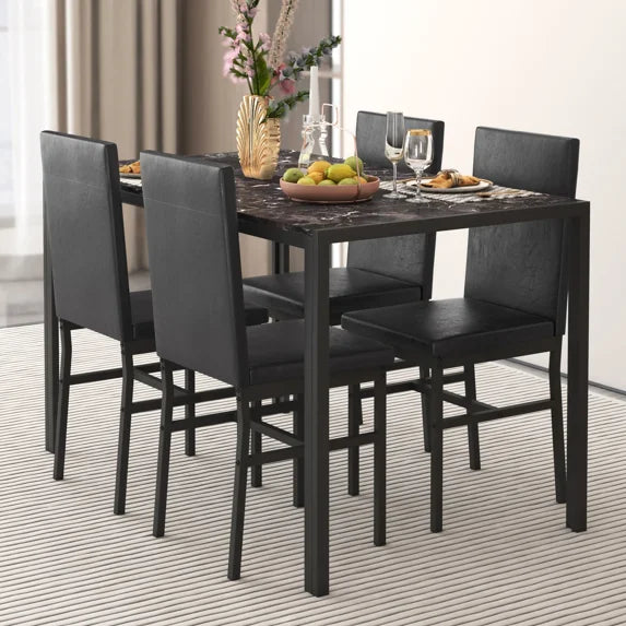 Syngar 5 Piece Modern Faux Marble Dining Table Set, Black