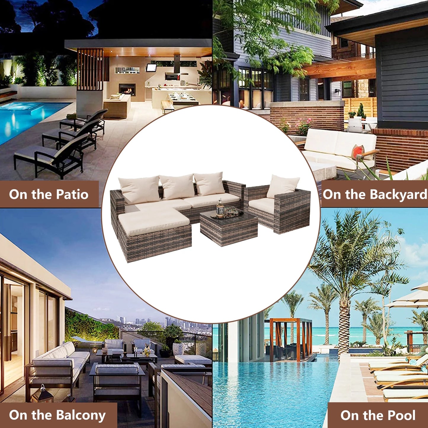 Rattan Patio Sofa Set, 4 Piece Outdoor Sectional Furniture Set, All-Weather PE Rattan Wicker Patio Conversation Set, Cushioned Sofa Set with Glass Table for Garden Pool Deck Porch, K2829