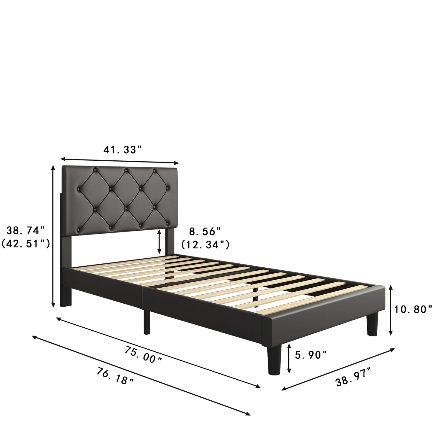SYNGAR Twin Bed Frame with Adjustable Height Headboard, Modern Leather Upholstered Platform Bed Frame with Wood Slat, Easy Assembly, No Box Spring Needed, Black