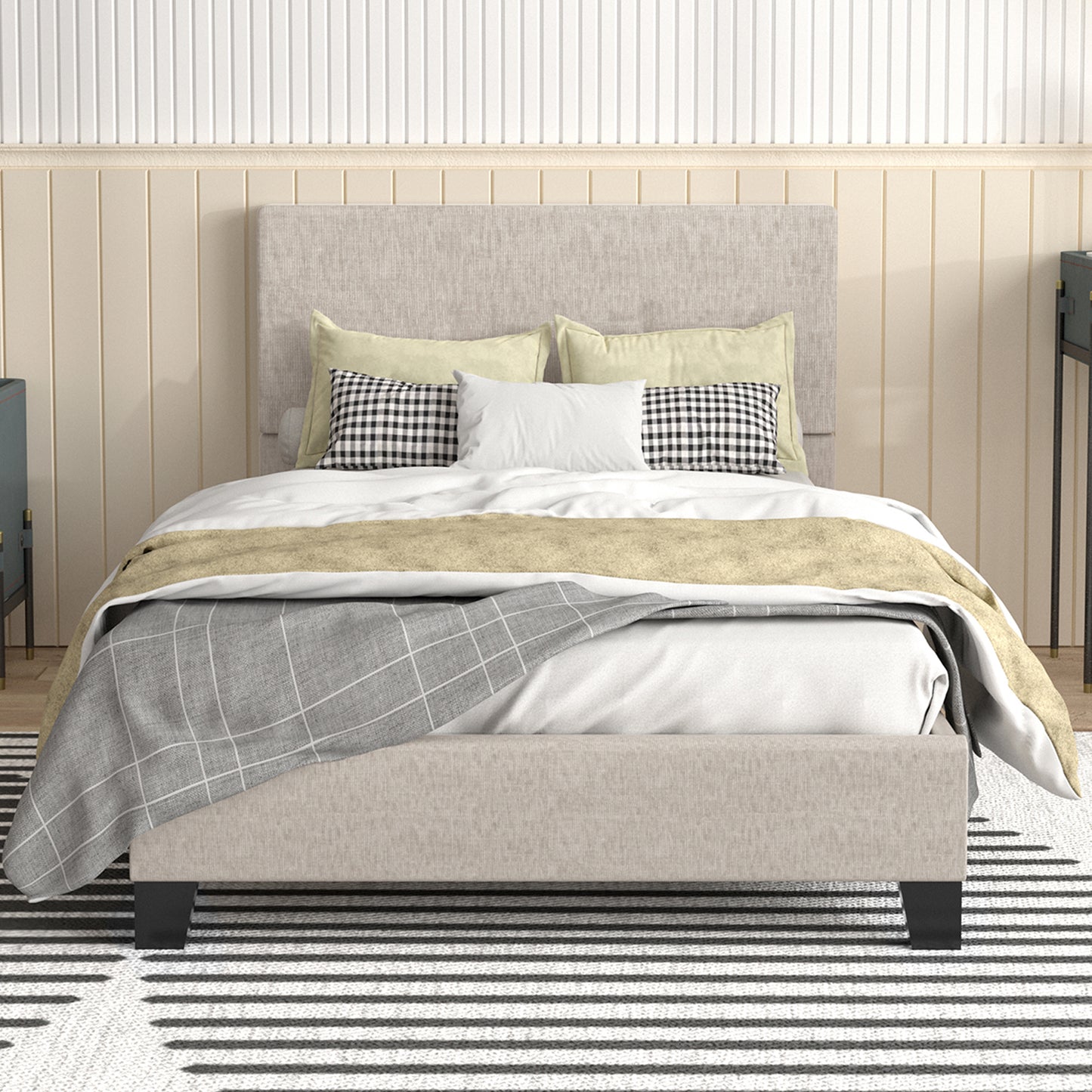 SYNGAR Beige Fabric Upholstered Platform Bed Frame Twin Size with Elegant Headboard, Metal Frame Bedroom Furniture with Strong Wooden Slat Support, No Box Spring Needed, Easy Assembly