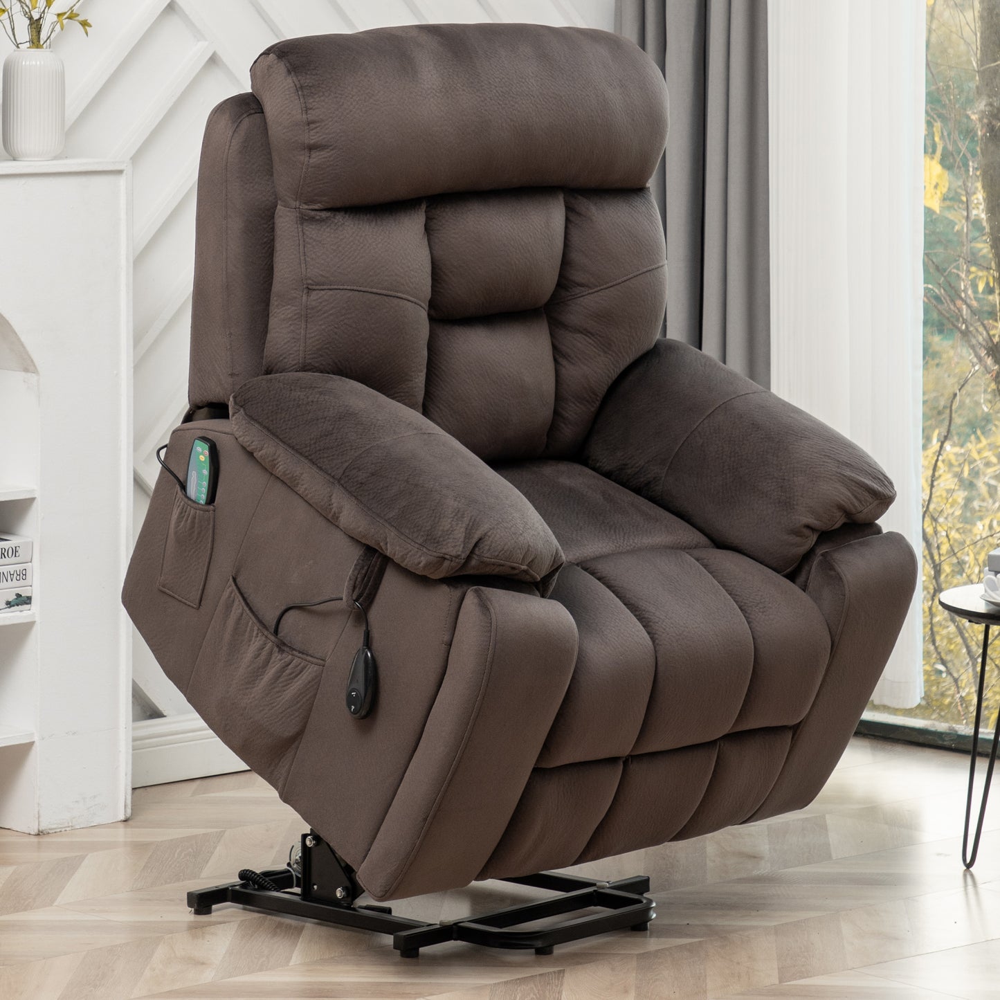 SYNGAR Electric Lift Recliner Chair with Heat and Massage, Oversized Recliner with Hidden Cup Holder for Living Room, Single Recliner Sofa with 26" Width Seat, Easy Assembly, Light Brown