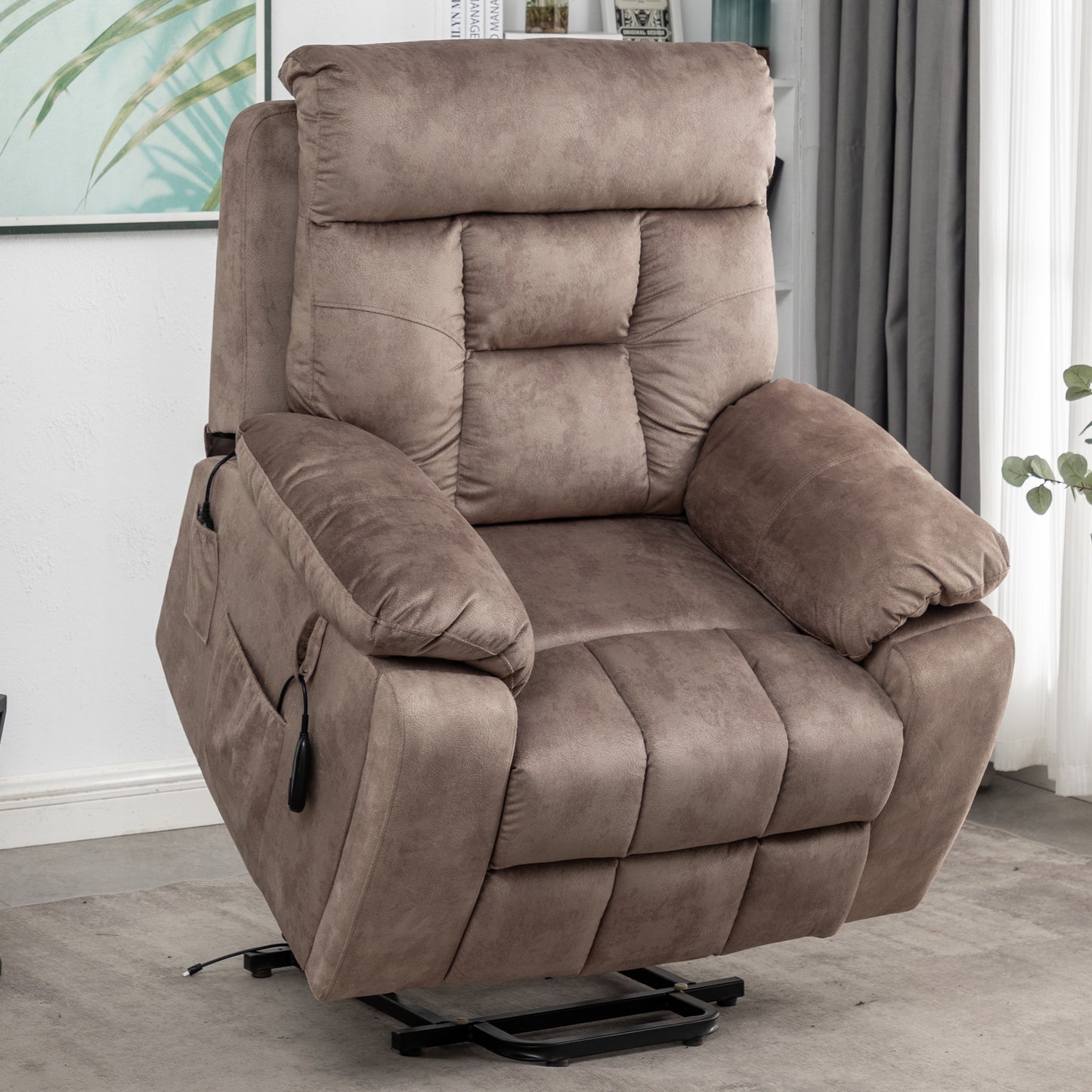 SYNGAR Electric Lift Recliner Chair with Heat and Massage, Oversized Recliner with Hidden Cup Holder for Living Room, Single Recliner Sofa with 26" Width Seat, Easy Assembly, Light Brown