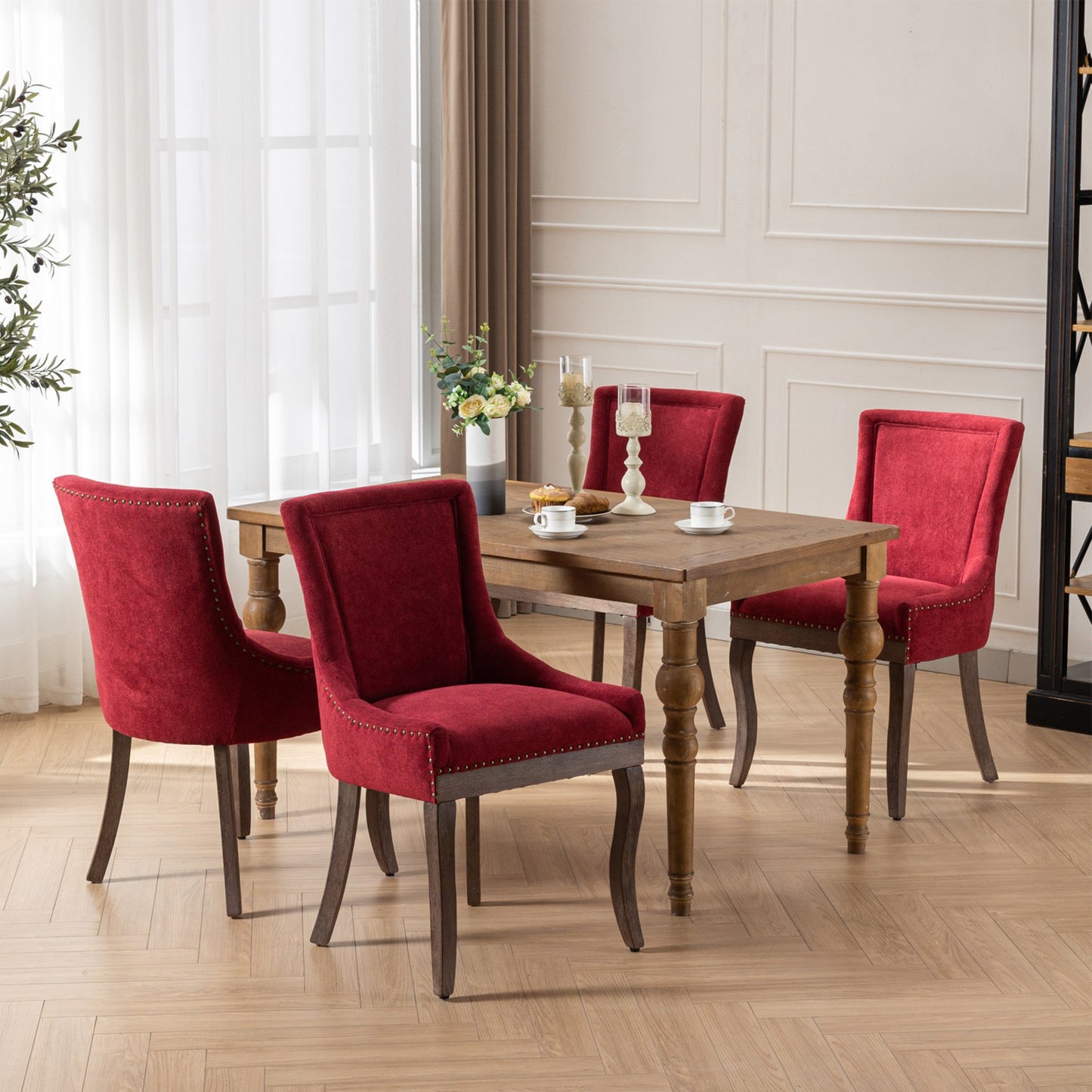 Syngar Indoor Dining Chairs Set of 2, Upholstered Armless Dining Room Chairs with High Backrest and Nailhead Design, Mid Century Side Dining Chairs with Wood Leg, Capacity of 300lbs, Burgundy