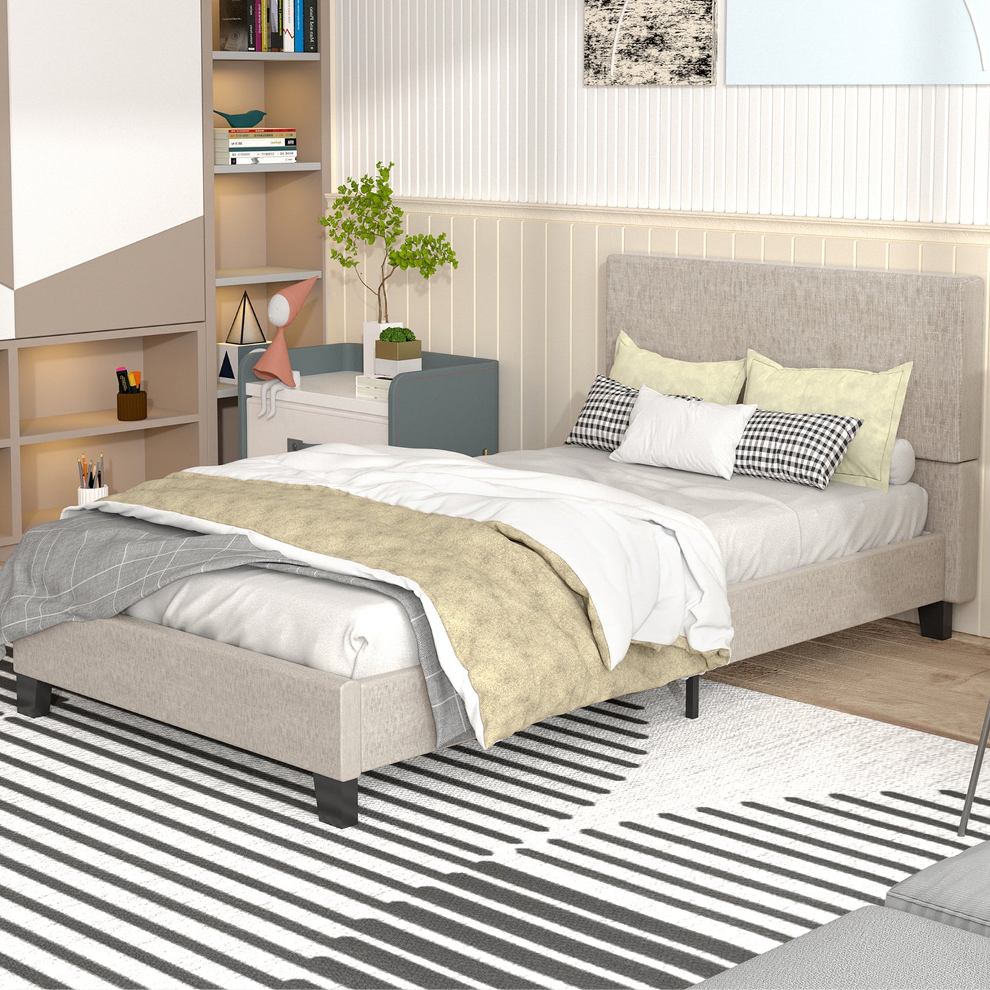 SYNGAR Beige Fabric Upholstered Platform Bed Frame Twin Size with Elegant Headboard, Metal Frame Bedroom Furniture with Strong Wooden Slat Support, No Box Spring Needed, Easy Assembly