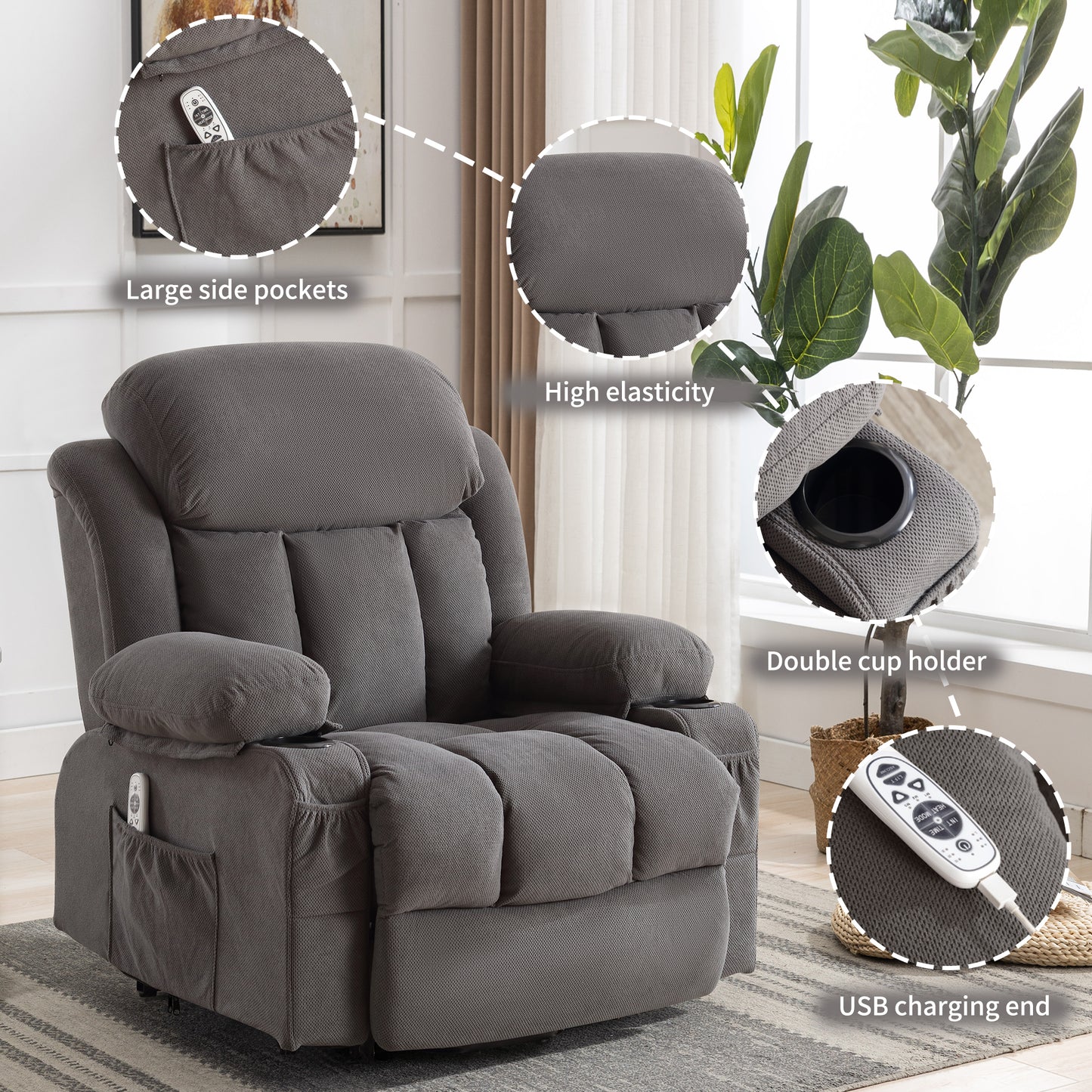 SYNGAR Power Lift Recliner Chair for Living Room, Electric Recliner Chair with Heat and Massage Function, USB Charge Port and Cup Holders, Oversized Velvet Reclining Sofa for Home Theater, Gray