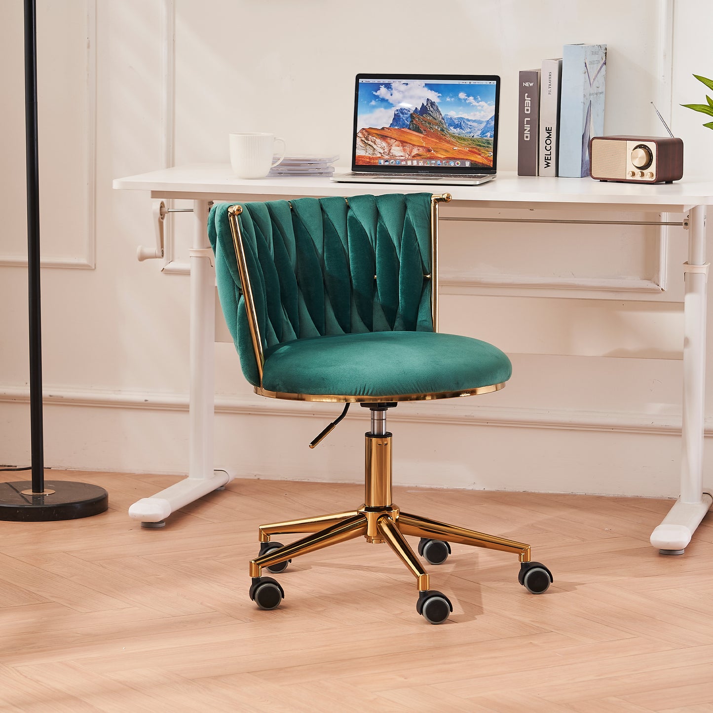 Home Office Desk Chair, SYNGAR Modern Criss-Cross Chair with Wheels, Upholstered Vanity Chair, Computer Chair Office Chair for Living Room Bedroom, Mid Back Height, Beige